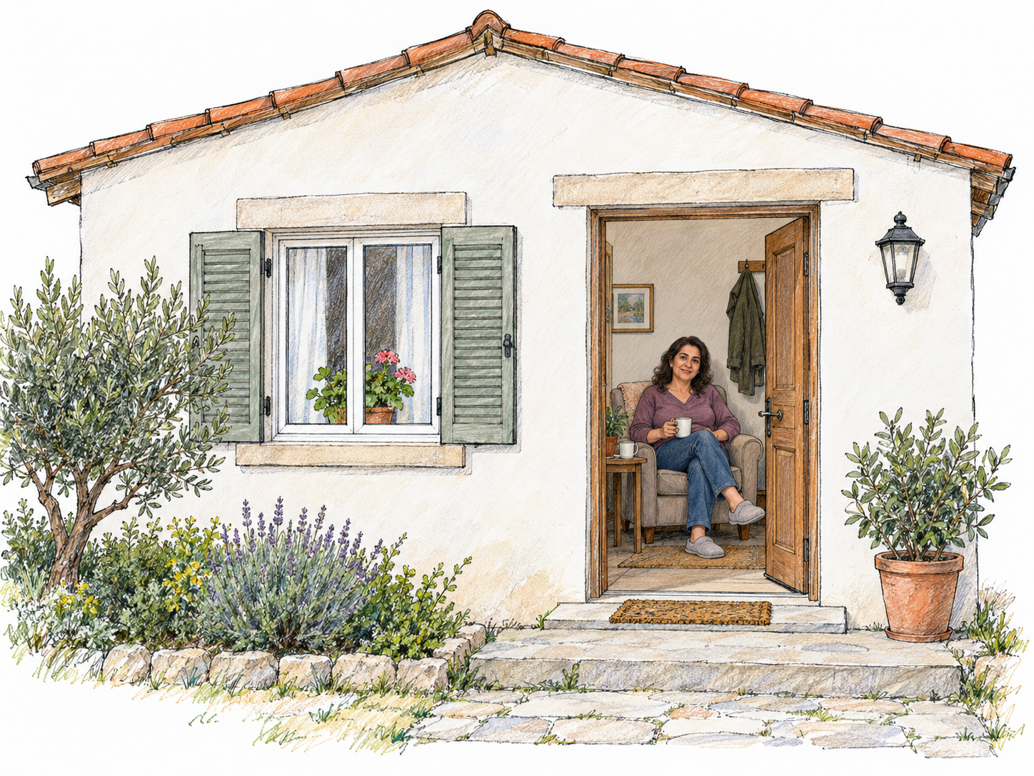 A modest occupied house shown with its resident relaxing inside the open front doorway; visible slippers, a coat on a hook and a comfortable chair establish it as someone's home rather than an empty property.