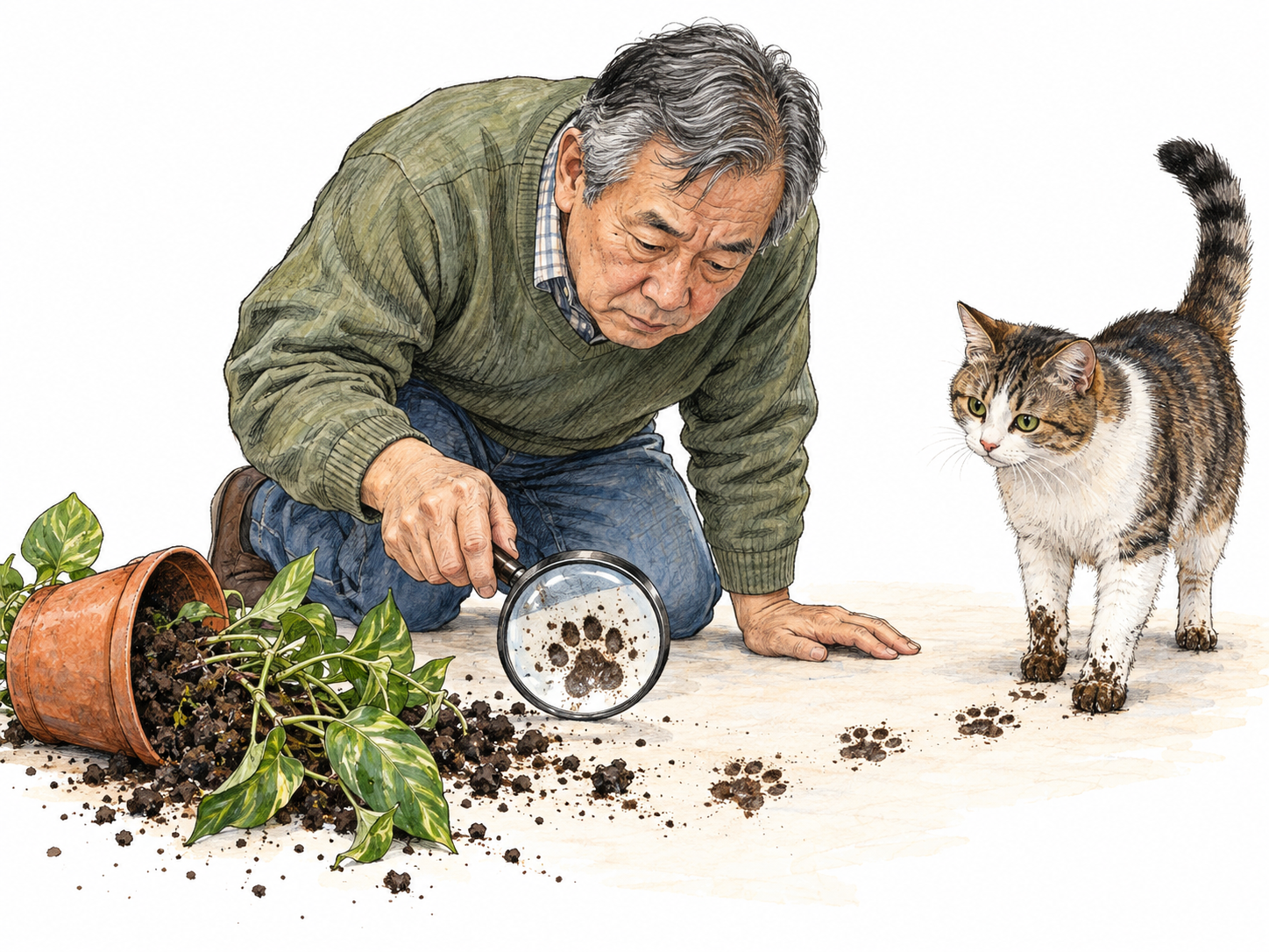 An older man examines muddy cat pawprints beside a toppled houseplant; the tracks lead to a cat with soil on its paws, making the prints visible evidence of what caused the mess.