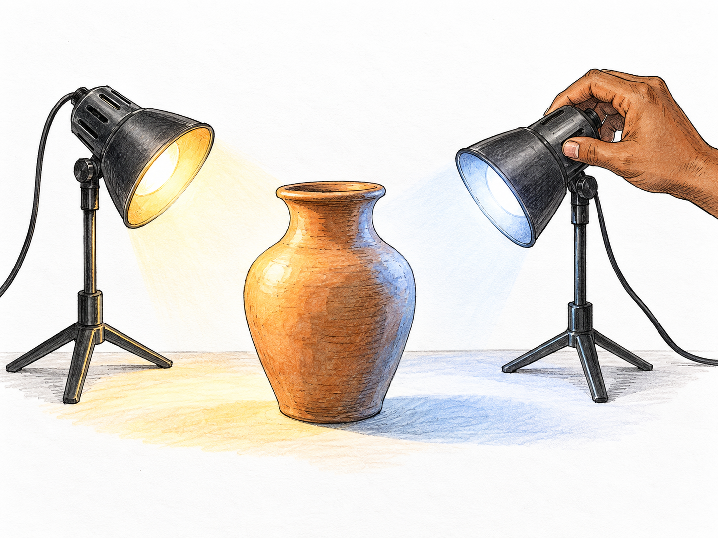 Two small adjustable studio lamps deliberately arranged on either side of single clay vase, one casts warm light and one cool fill, hand adjusts lamp angle, illumination arrangement clear.