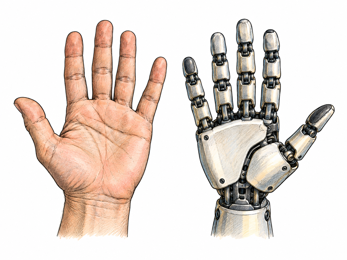 Mechanical human-hand prosthesis beside natural adult hand in same open-palm pose, corresponding fingers and joints clearly comparable in form/function; cropped wrists only, no labels.