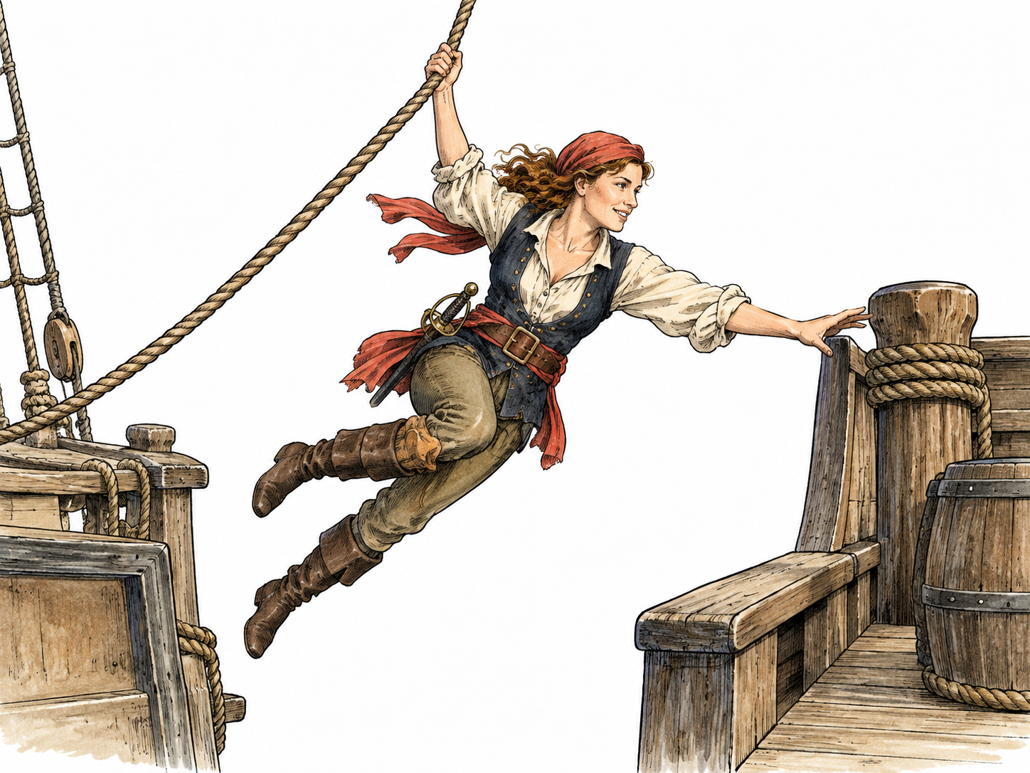 A boldly adventurous sailor swings on a ship rope over a short gap to a nearby deck, confident dramatic pose and safe landing, old sailing clothes, no battle.
