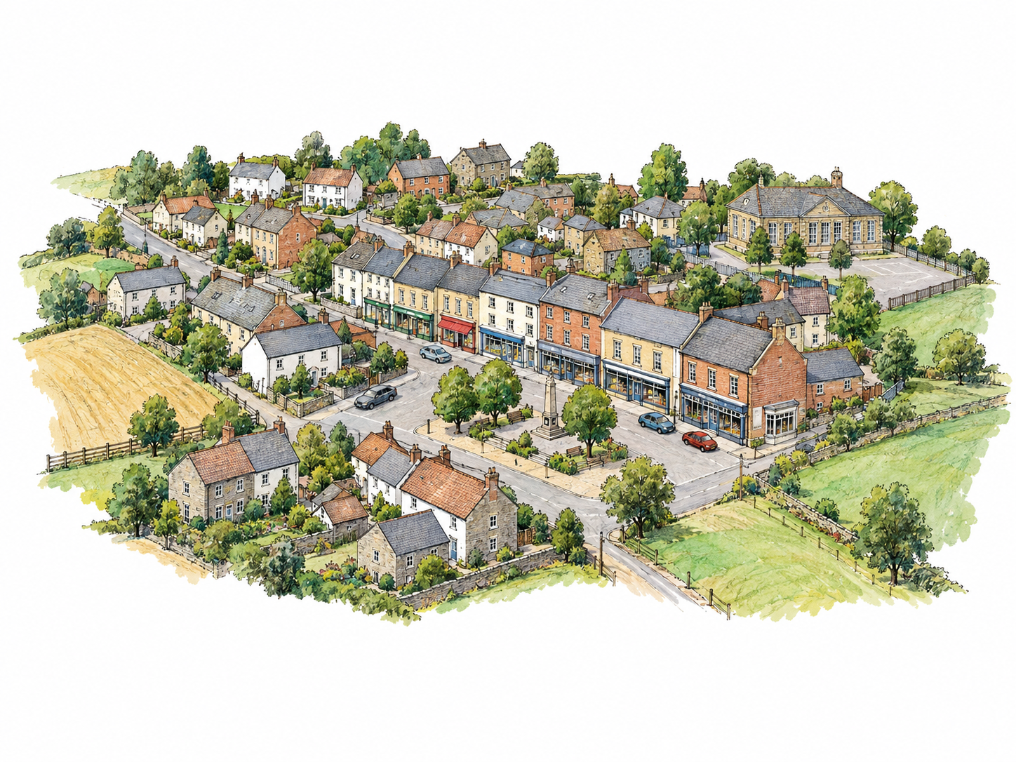 A compact town viewed obliquely from above, with several short residential streets gathered around a modest main street and square, and open countryside visibly beginning at its edges.