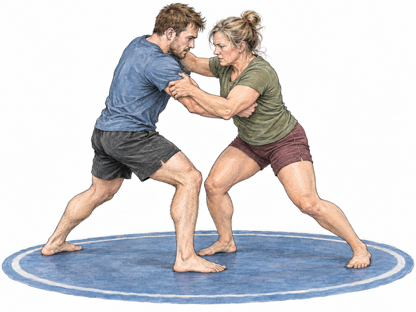 Two adult training partners grapple in a standing wrestling clinch, each gripping the other's upper arm and shoulder while bracing against the opposing force.