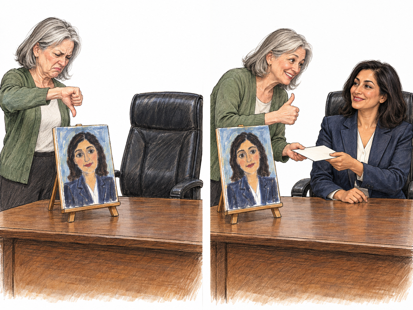 A two-panel comparison shows an employee changing from contempt for an executive's crude painting to extravagant admiration when its powerful creator appears and offers her an envelope.