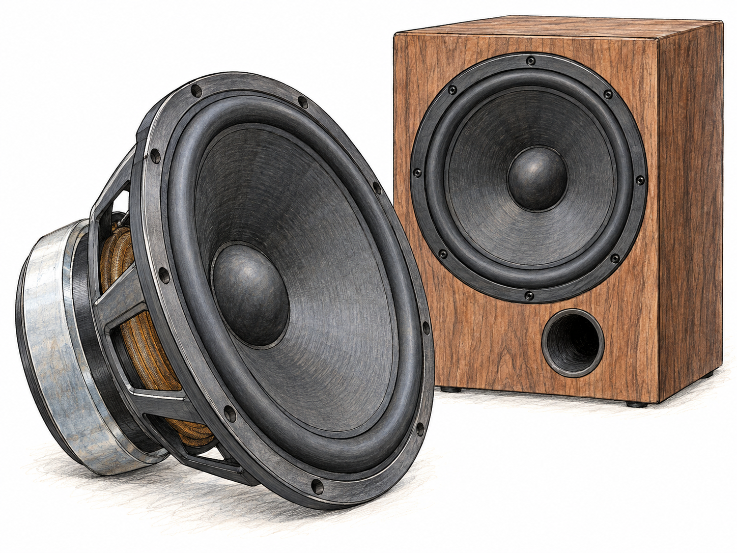 A close three-quarter view of a large bass loudspeaker driver, showing its broad cone, thick flexible surround, and deep magnet assembly, beside a compact cabinet containing the same type of driver.