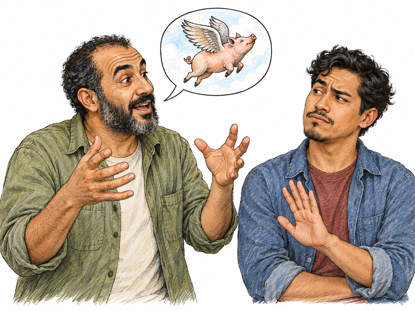 A man earnestly delivers an absurd tale, visualized in a small wordless speech bubble as a flying pig, while his companion reacts with a skeptical raised eyebrow and dismissive open hand.