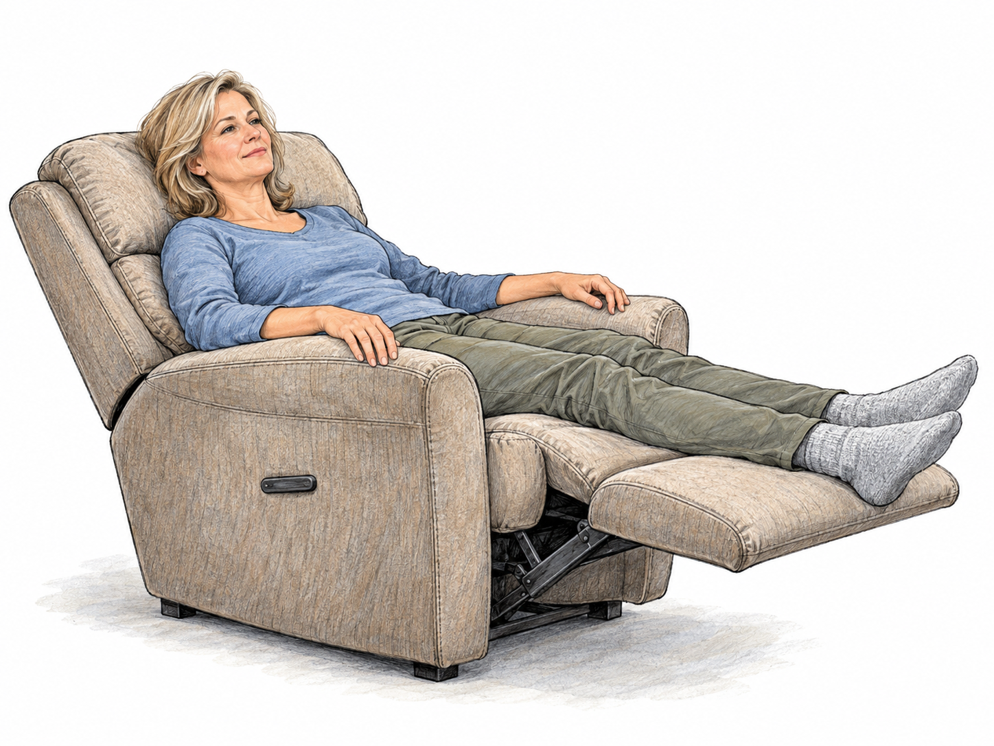 A woman rests in a visibly tilted-back recliner, her upper body leaning backward against the sloping backrest and her legs supported by the raised footrest.