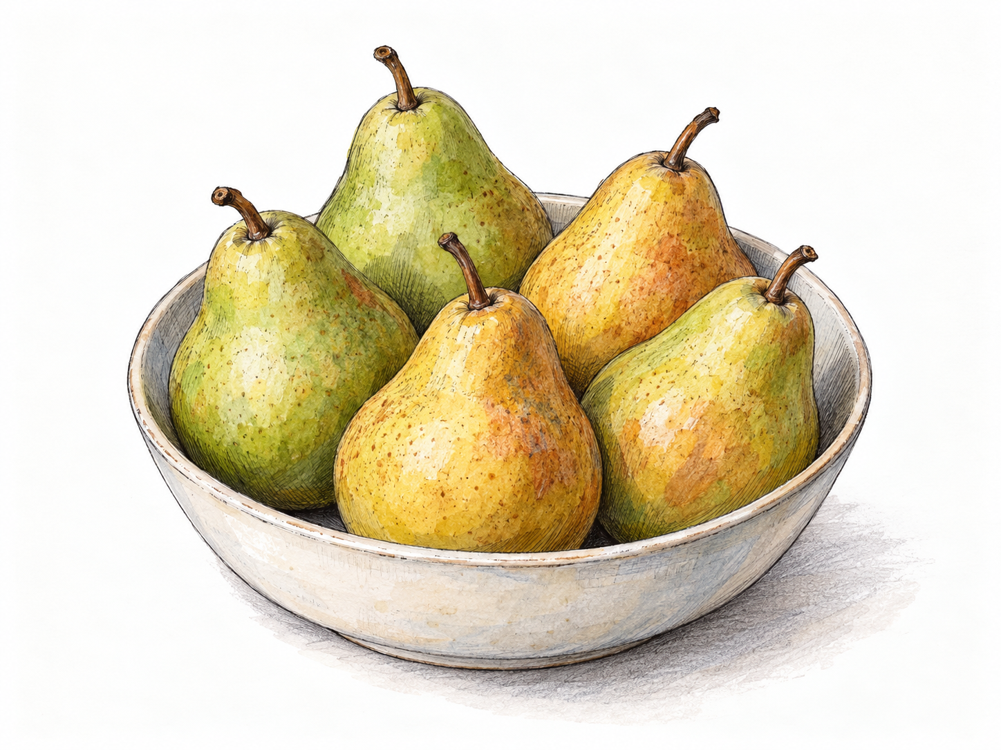 A compact cluster of five distinct pears enclosed together in one shallow bowl, making several things visibly read as one group.