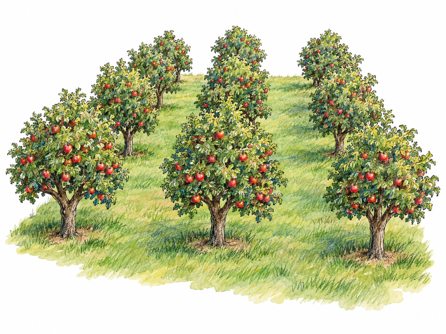 A small orchard shown from a slightly elevated angle: orderly rows of mature apple trees bearing visible red fruit, rooted in one continuous grassy plot with clear lanes between the rows.