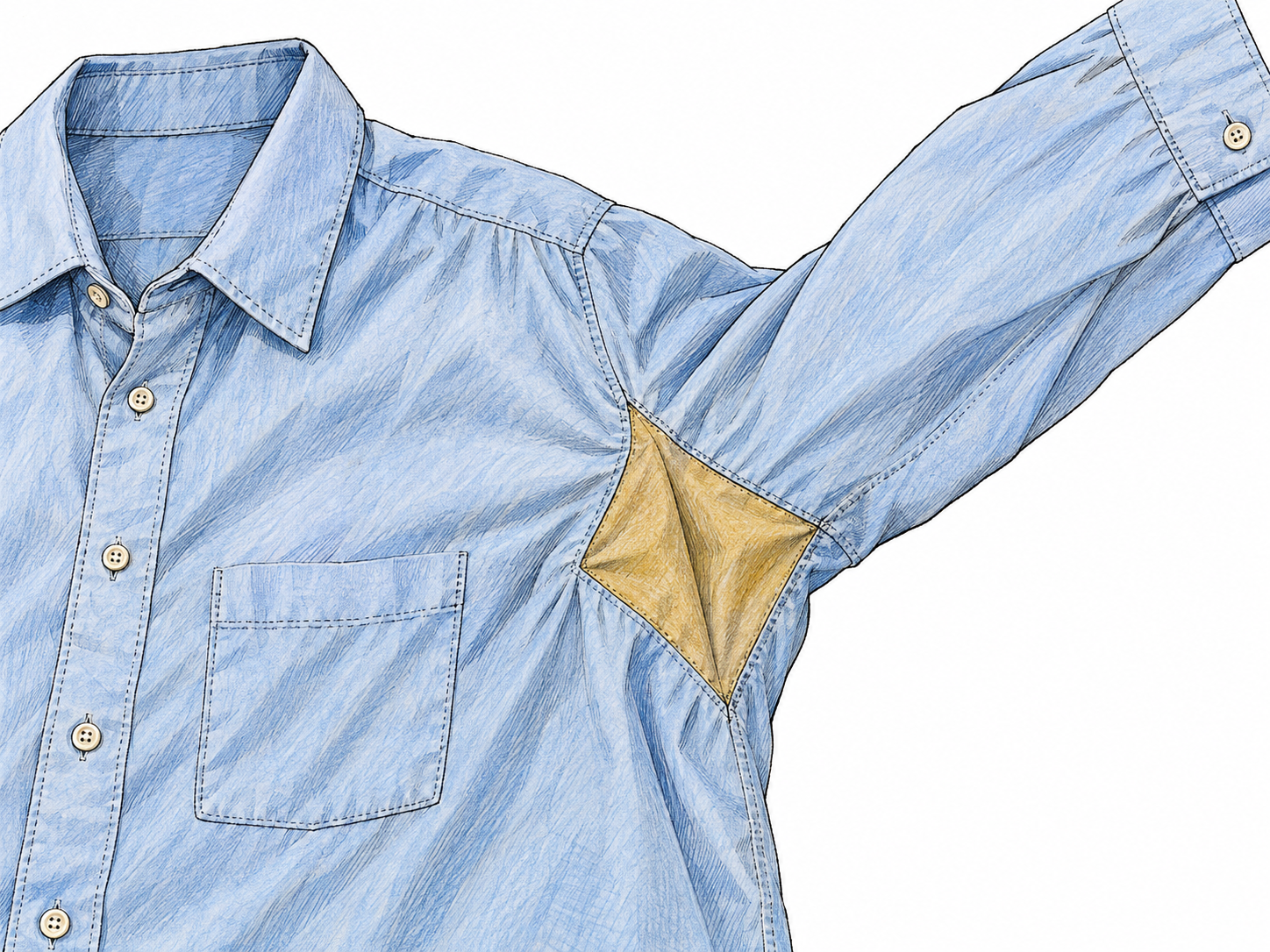A close view of a shirt laid open with its sleeve extended, exposing a contrasting diamond-shaped fabric gusset sewn into the underarm junction.