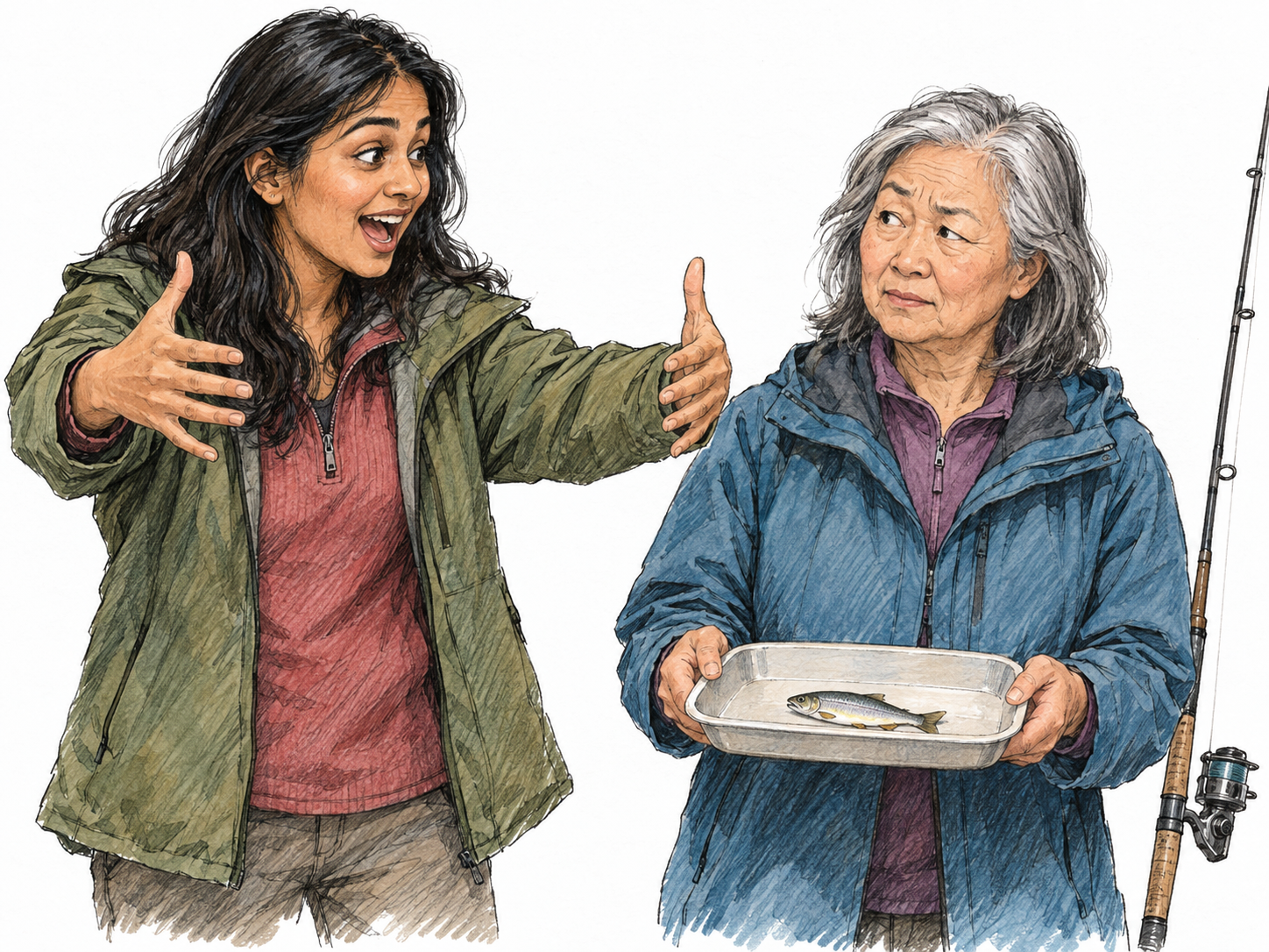 A fisher exaggerates the size of her catch with a very wide two-handed size gesture while the small fish itself remains plainly visible beside her.