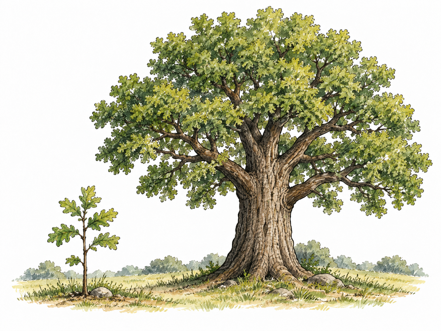 Fully grown oak with broad crown and strong trunk beside a much smaller sapling, mature tree emphasized, natural landscape vignette, no words.