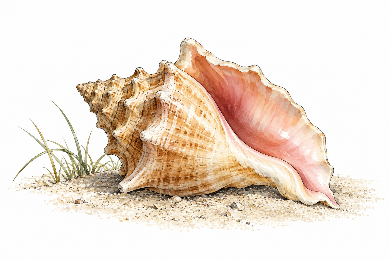 A large conch shell on pale sand, spiral spire and flared pink inner lip, accurate mollusk shell.