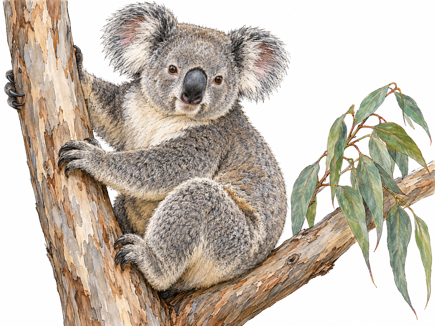 A gray koala perched securely in the fork of a eucalyptus tree, with its round furry ears, broad dark nose, and gripping paws clearly visible.