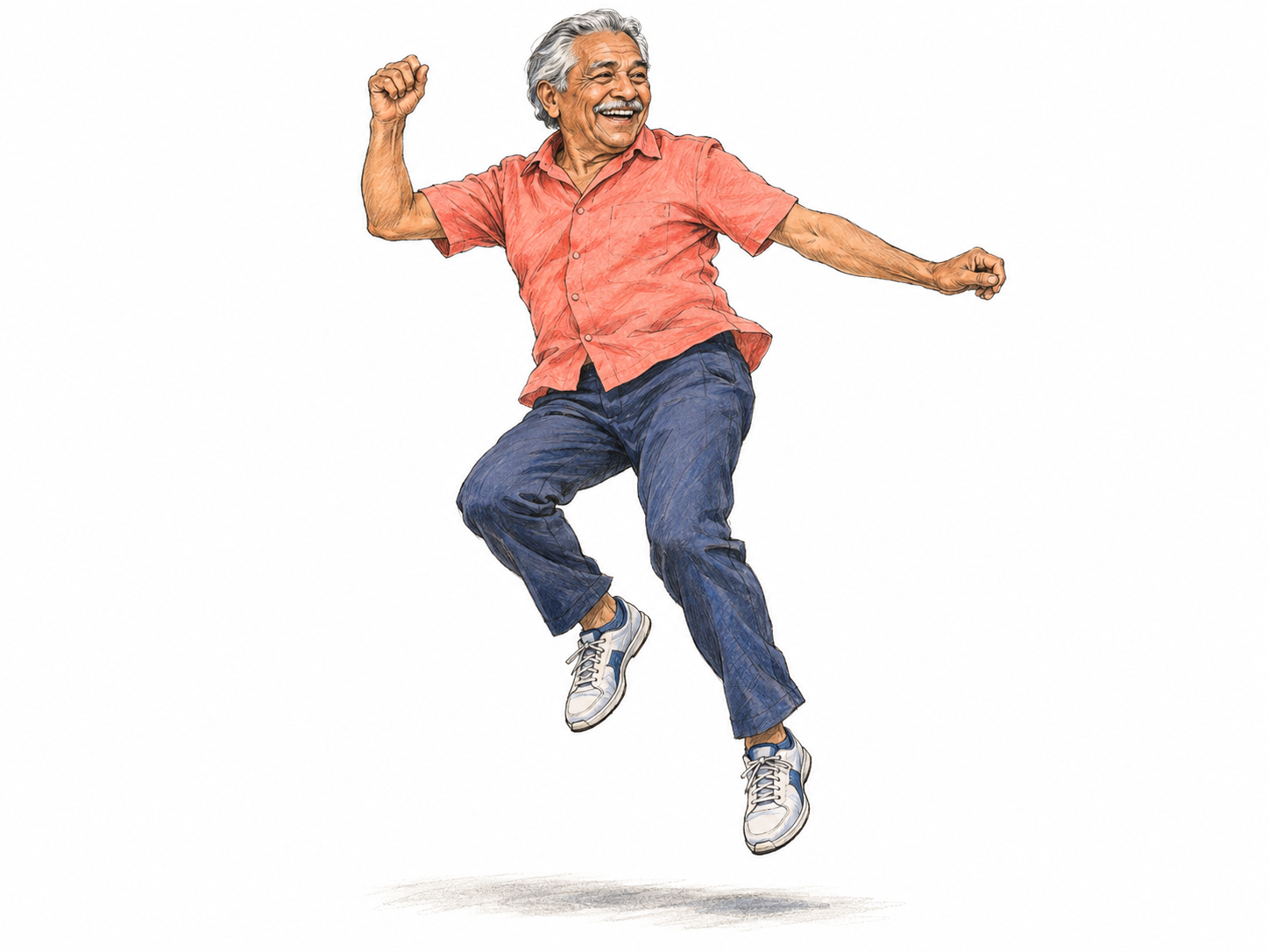 An exuberant older man performs a springy dance leap, making physical energy and liveliness visible through his airborne feet, buoyant posture, and delighted expression.