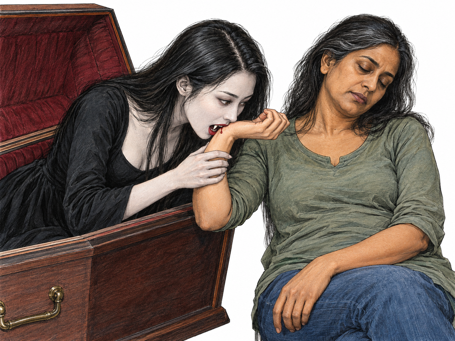 A visibly undead, fanged vampire drinks from a human woman's wrist beside an open coffin.