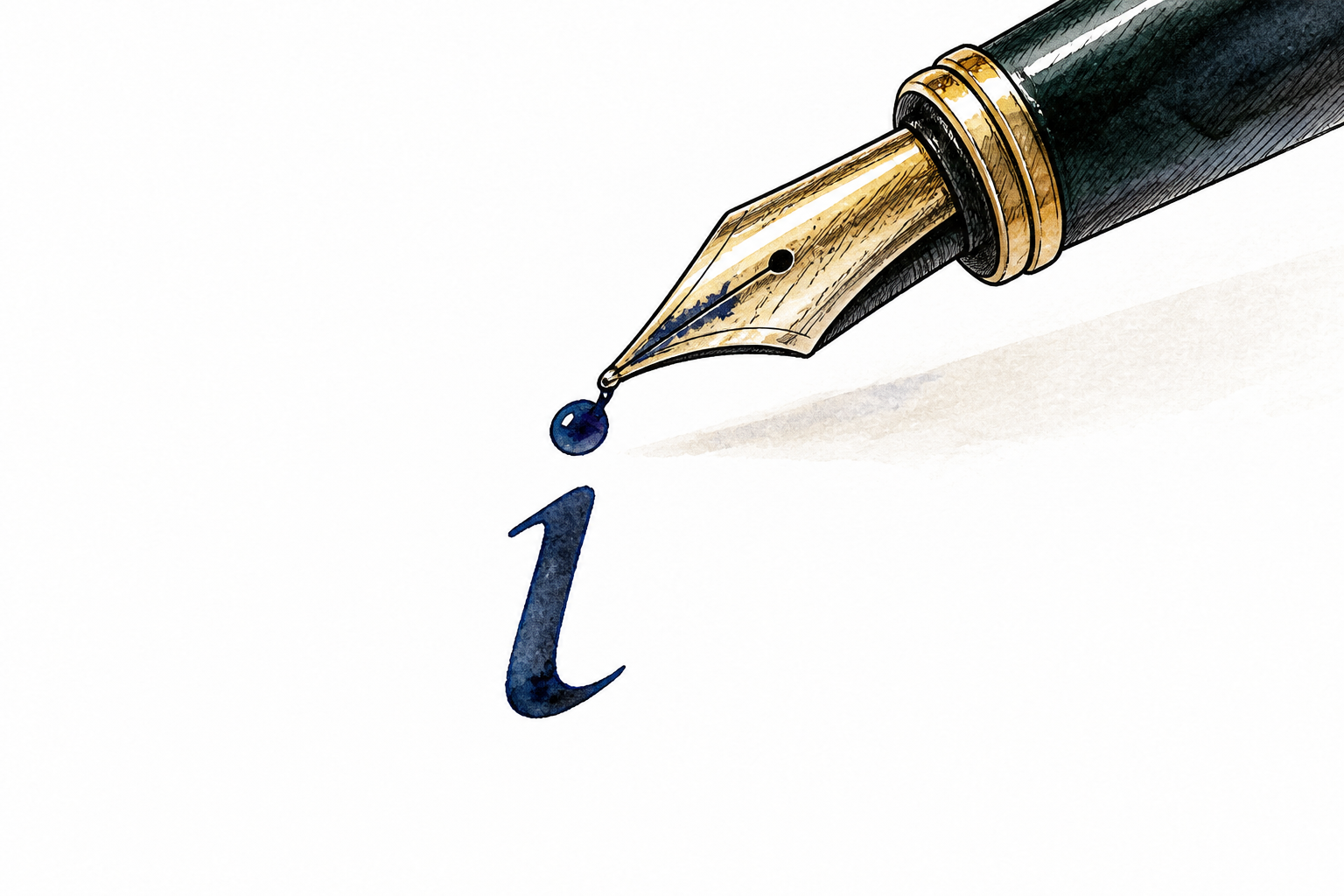 Close view of pen adding the tiny dot above a lowercase 'i' on otherwise blank paper, enlarged visible ink dot; only that letter, no captions.