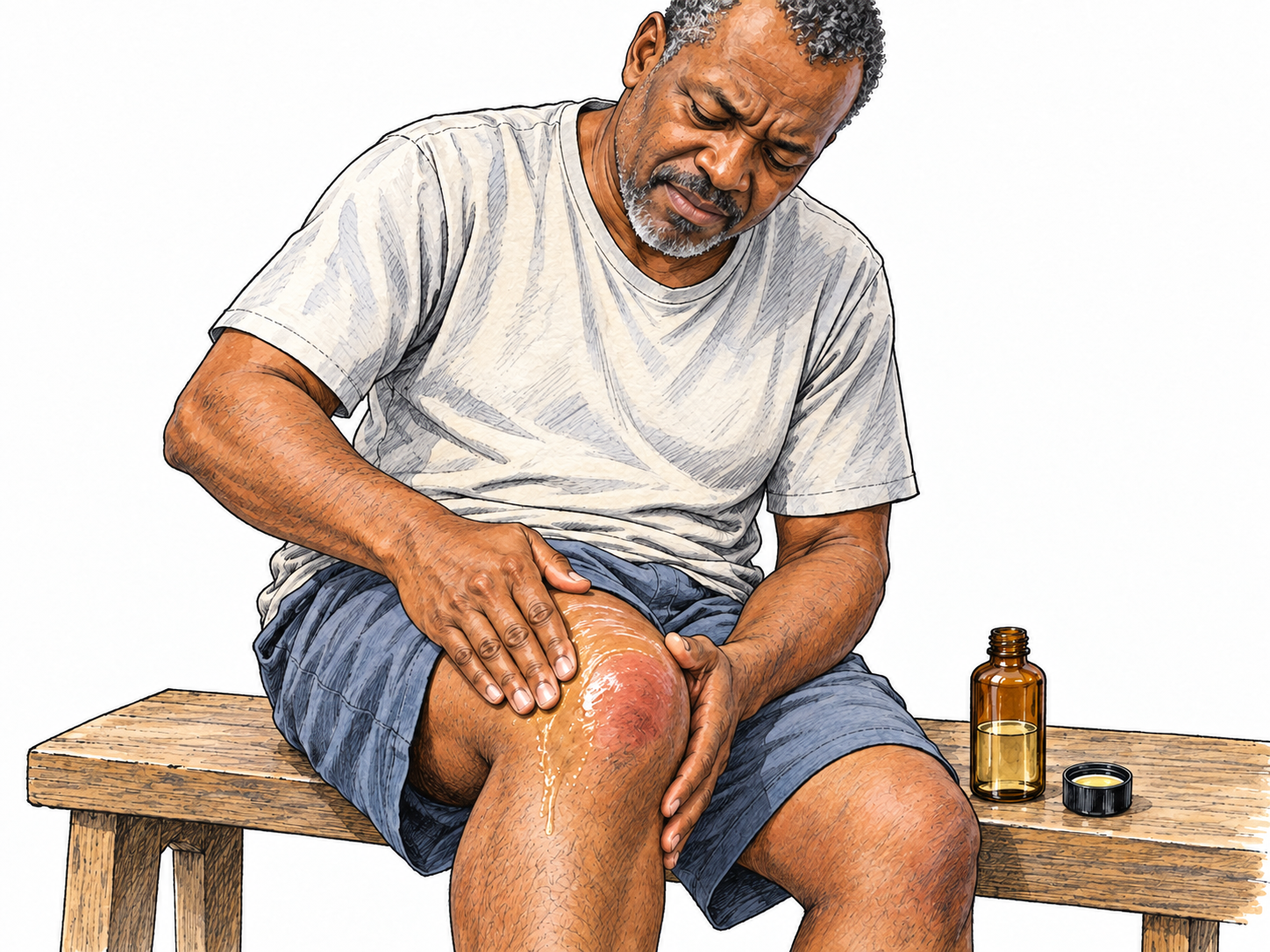 A middle-aged man rubs a thin medicinal liquid onto his sore knee, with an open bottle and its liquid-filled cap immediately beside the knee.
