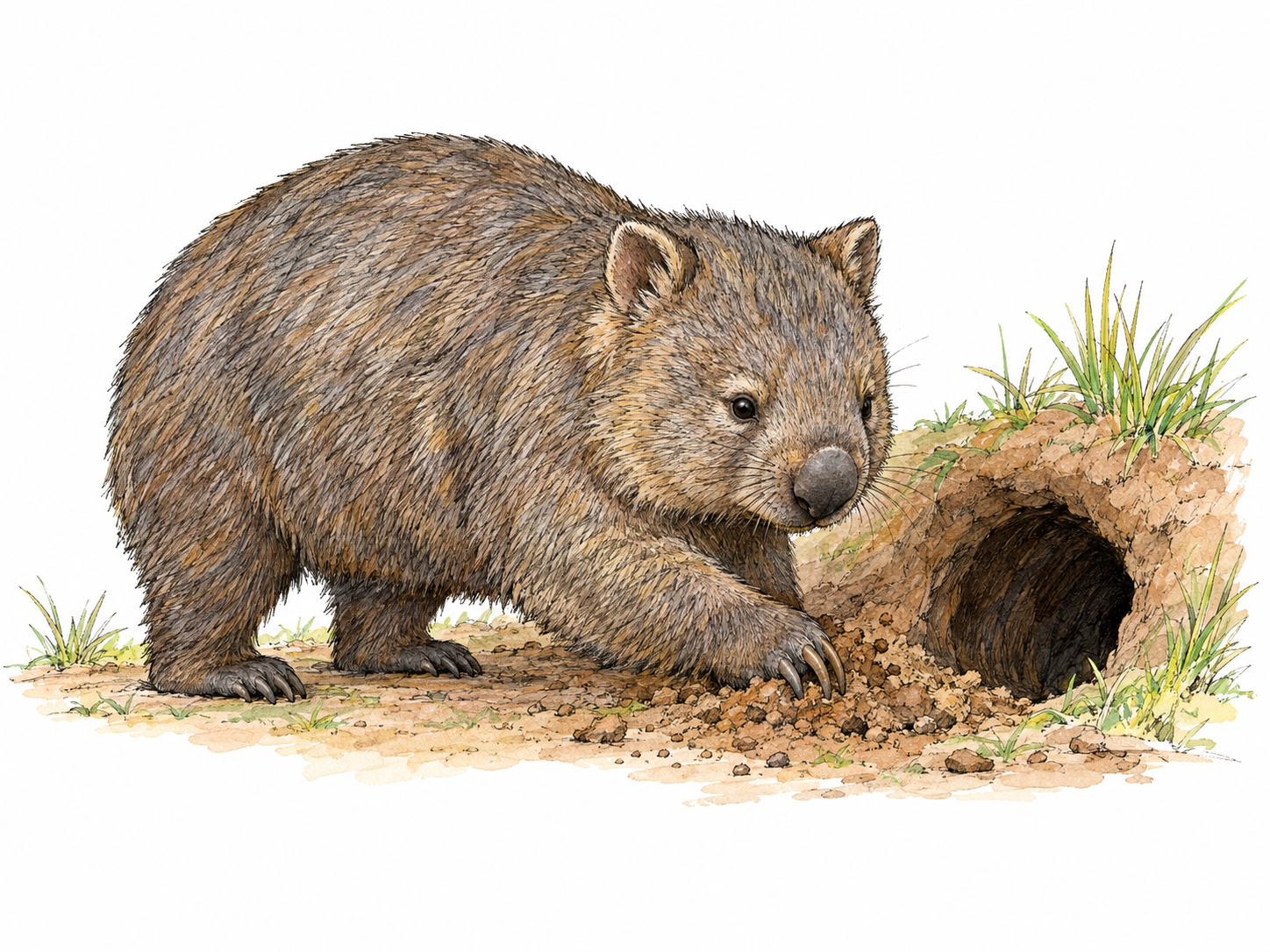A single wombat at the entrance of its burrow, its stocky body, short sturdy legs, rounded ears and broad blunt muzzle clearly visible, with one forepaw scraping loose soil.