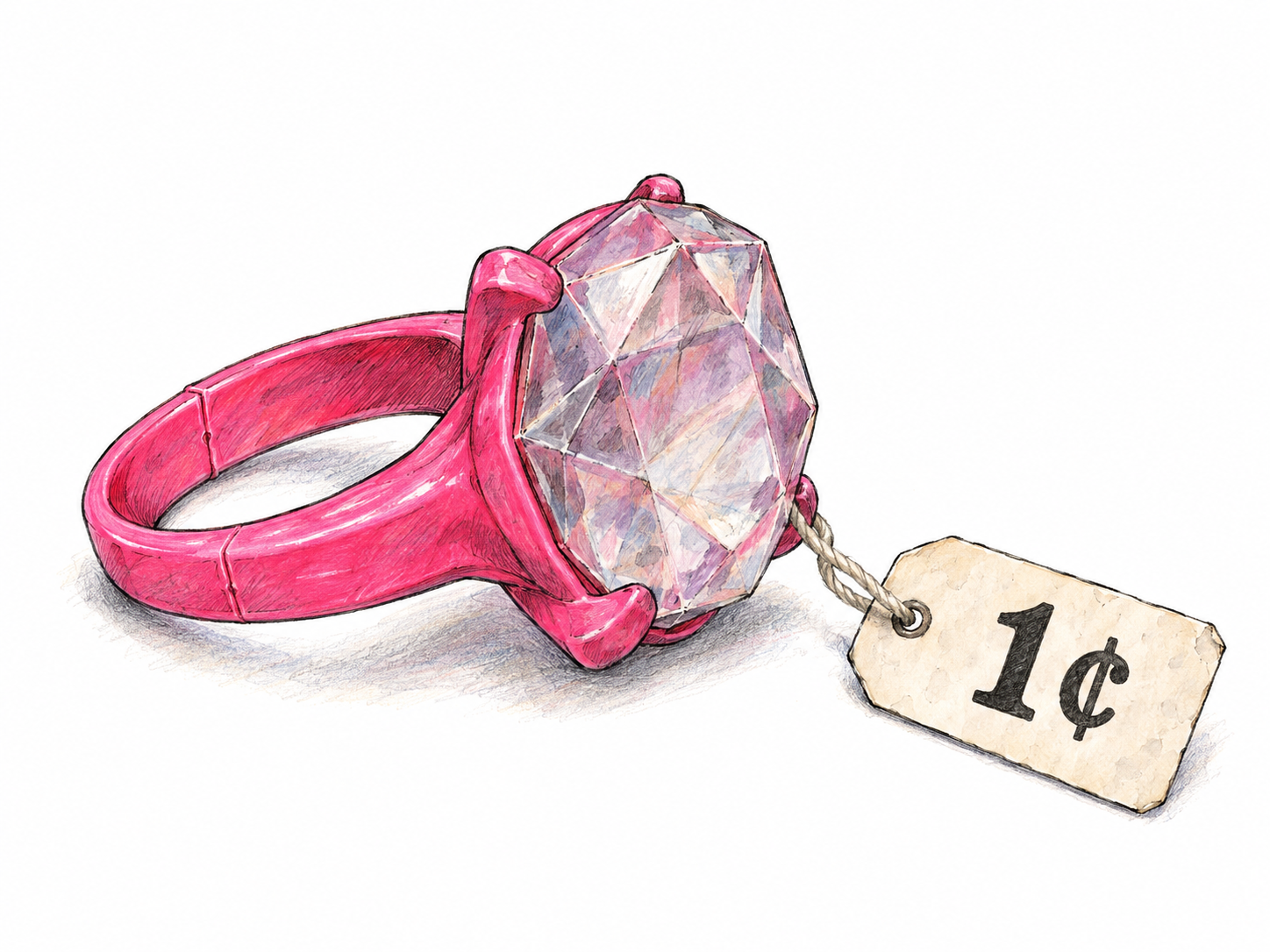 A cheap molded-plastic trinket ring offered for one cent, making its negligible value visible through its flimsy construction and tiny price.