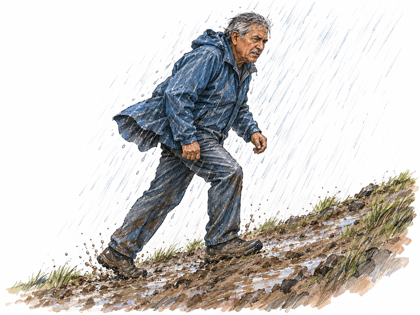 An older man keeps walking uphill through driving rain and strong wind, visibly strained but taking another firm step.