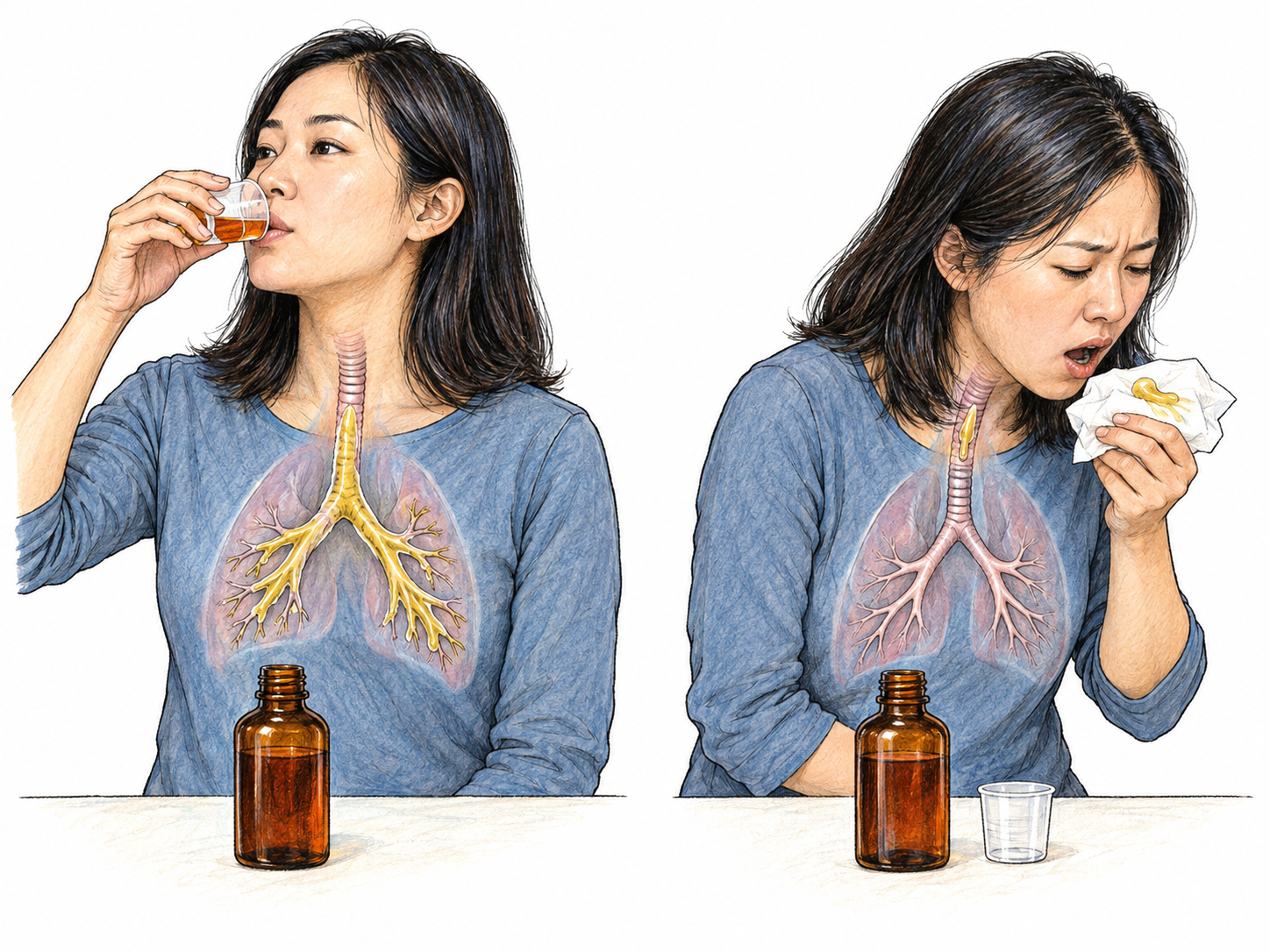 A compact two-moment illustration connects taking liquid medicine with coughing mucus out of the airways, distinguishing an expectorant from a medicine that simply suppresses coughing.