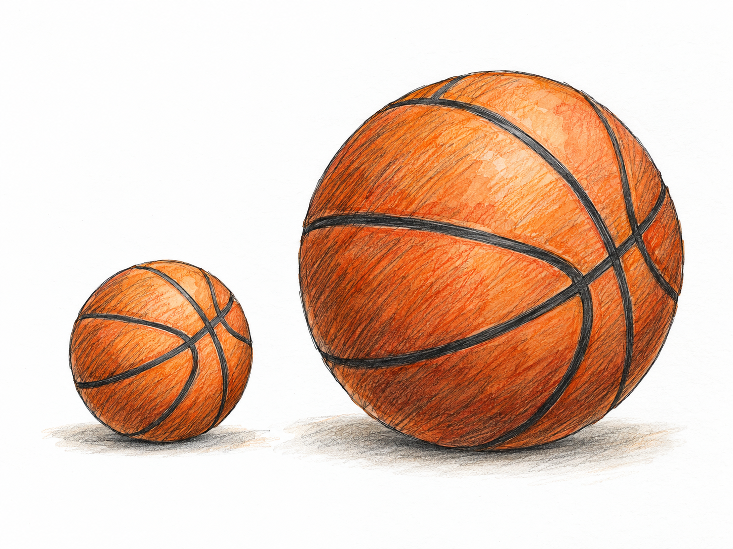 A very small child-sized basketball beside a full-sized basketball, with the clear size contrast illustrating equipment meant for young children.
