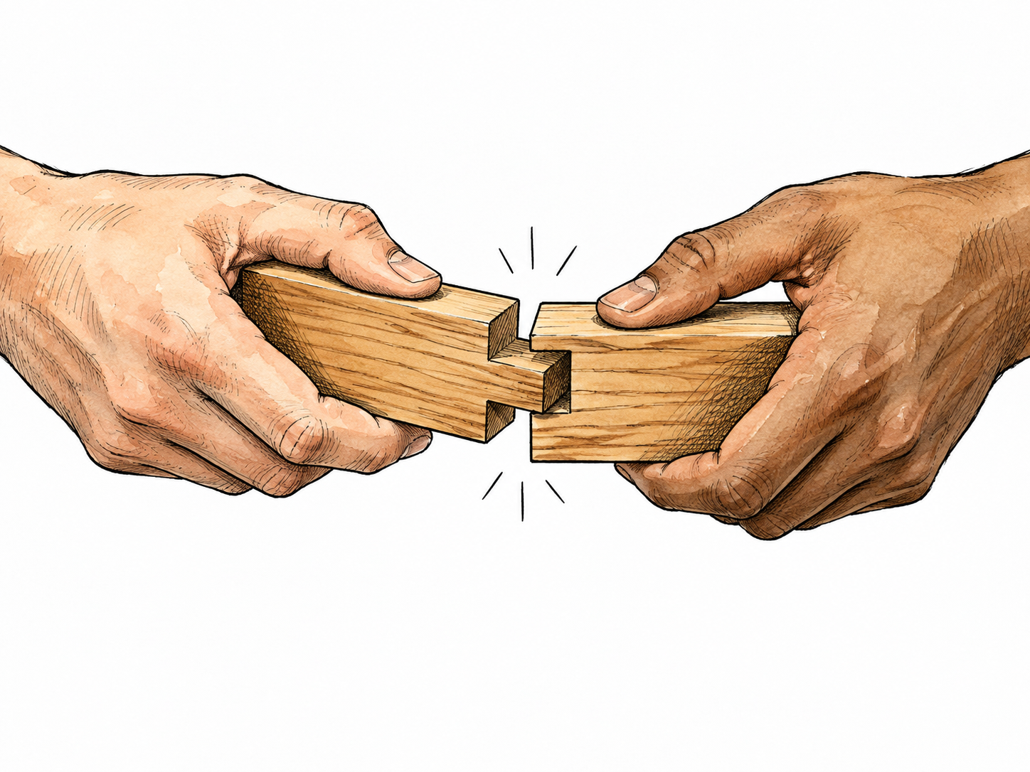 Two hands connect matching wooden pieces firmly together.