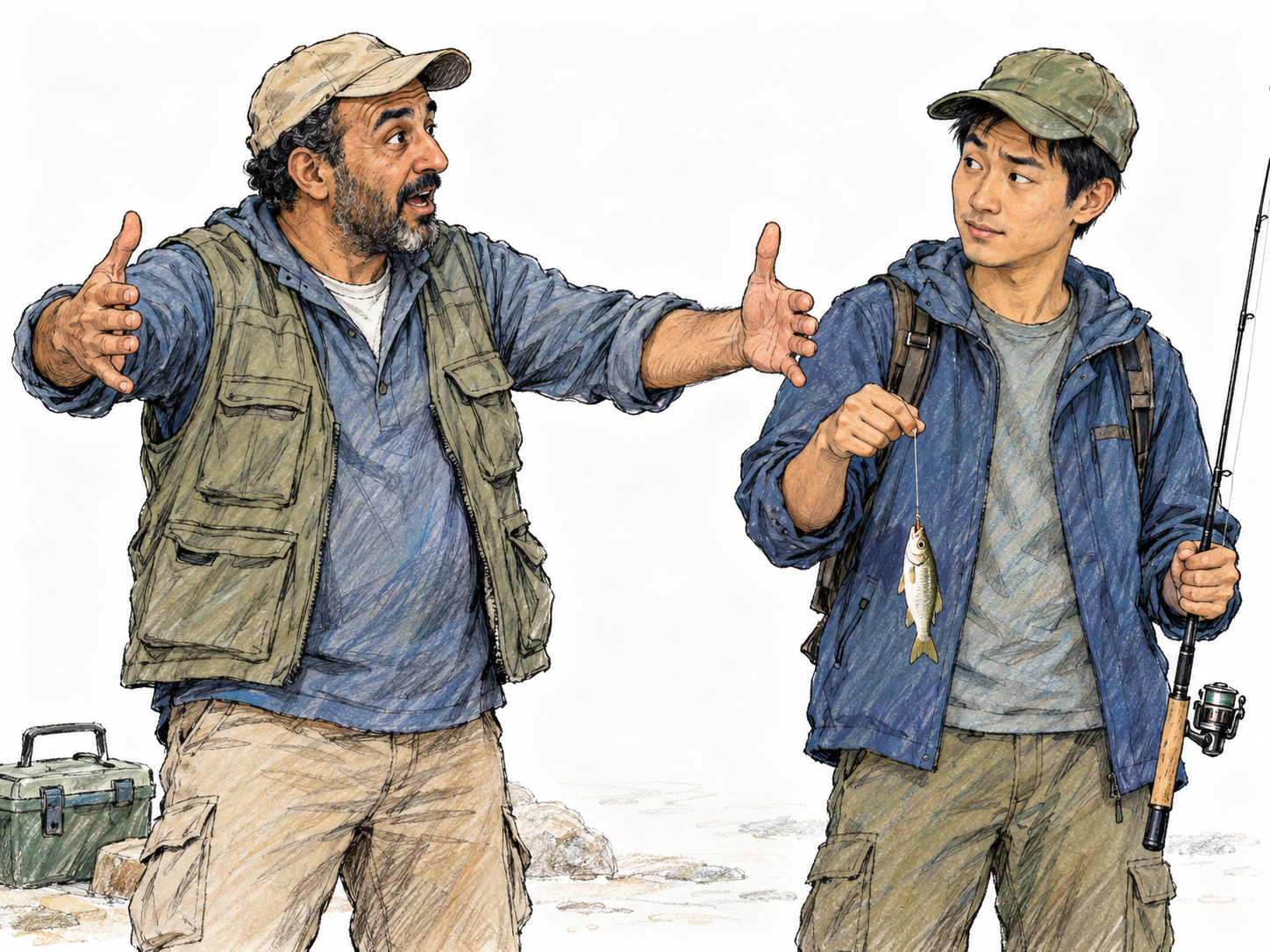 A fisherman describes his small catch to a companion while spreading his hands implausibly far apart.