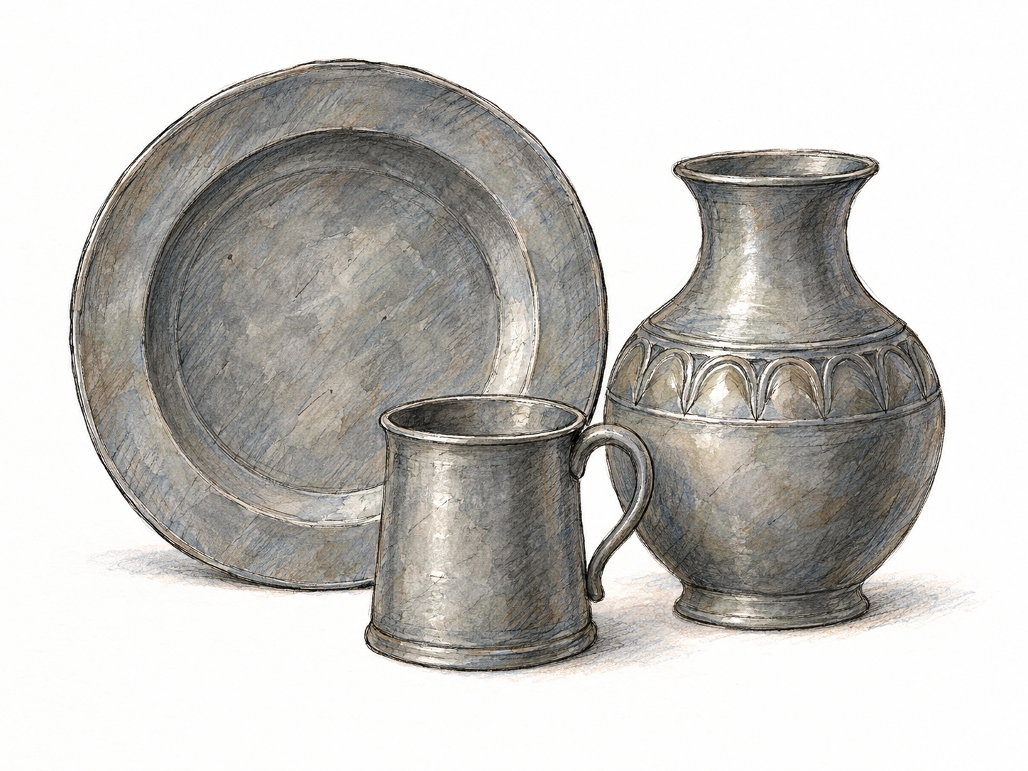A simple still life of a pewter plate, small handled cup, and rounded ornamental vase, showing their characteristic dull gray metal surfaces.