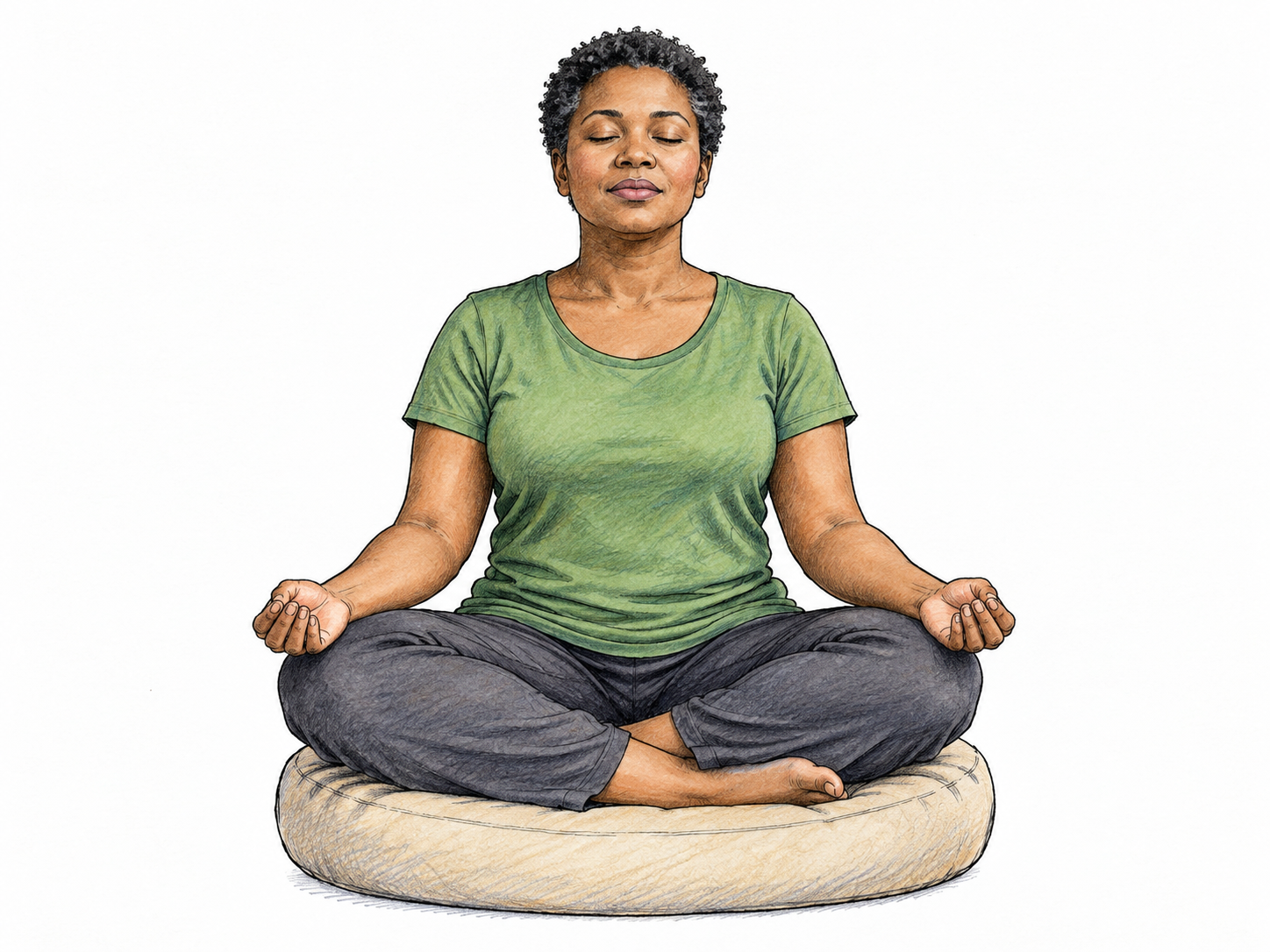 Woman meditates seated cross-legged on simple cushion, upright relaxed posture, eyes gently closed and hands resting on knees, calm quiet focus, no sacred symbols or background.