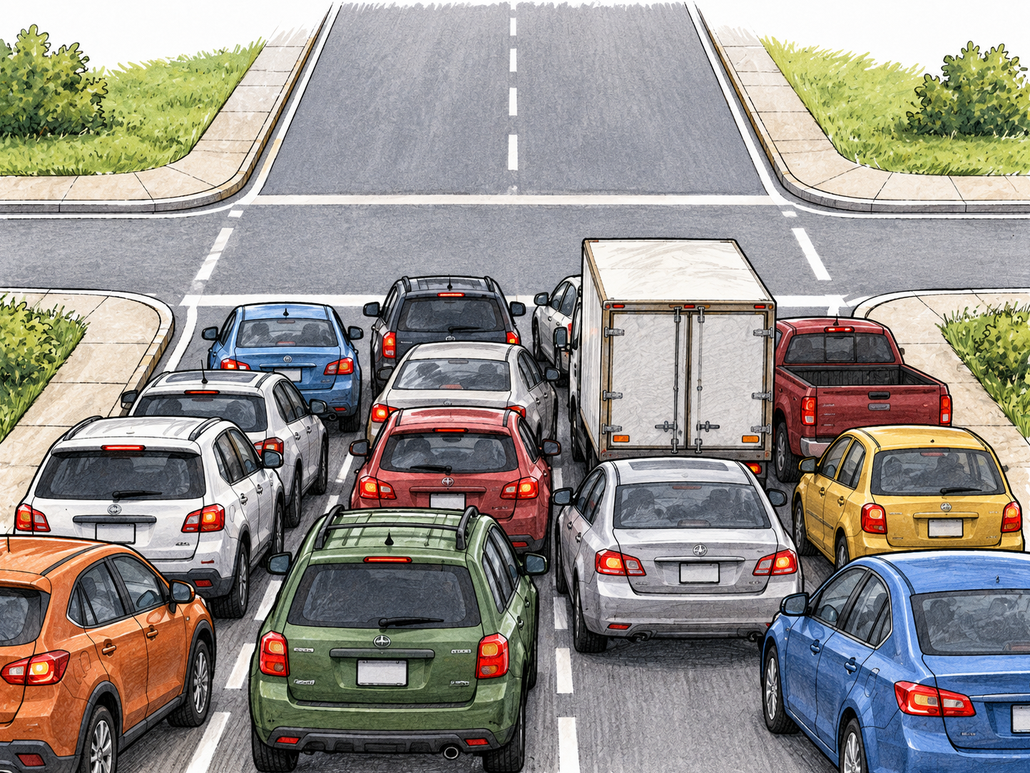 A bottleneck of closely packed vehicles blocks a short intersection while the road beyond is clear, showing slowed flow caused by overcrowding.