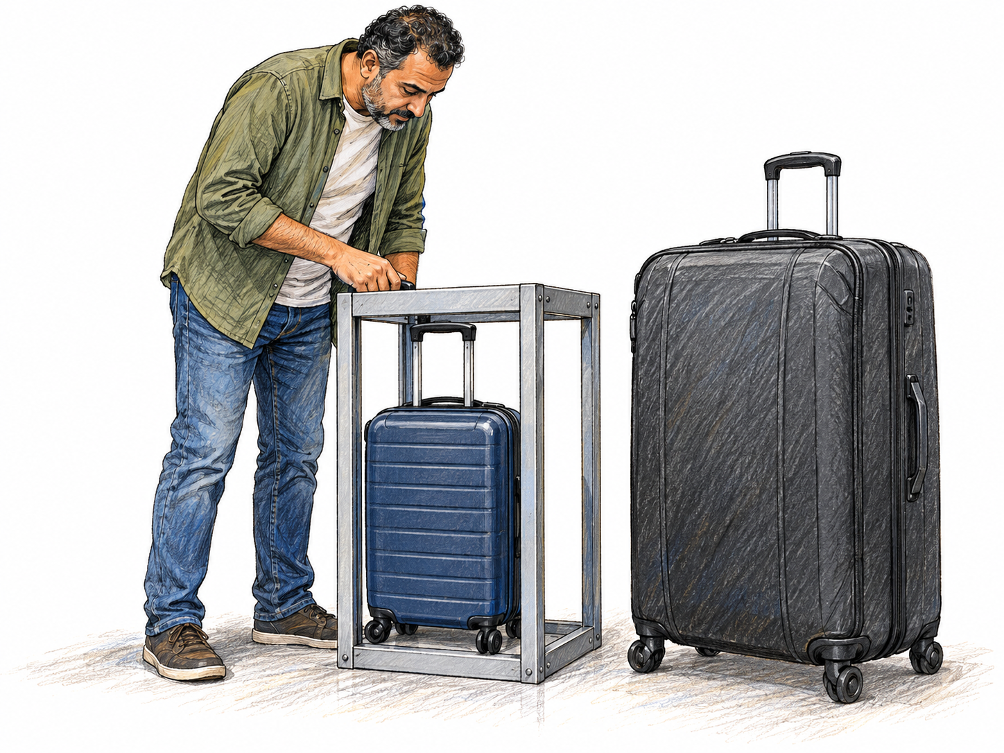 A traveler checks a carry-on suitcase against a rigid luggage-sizing frame: one suitcase fits entirely inside, while a visibly oversized suitcase beside it exceeds the same frame’s dimensions.