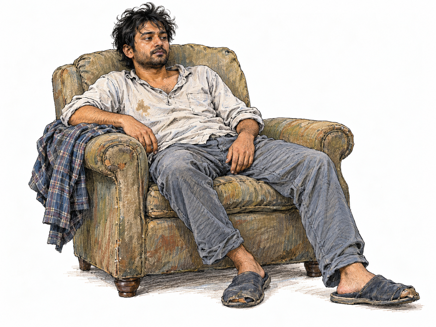 A young adult man in rumpled, slightly stained indoor clothes, with disheveled hair and neglected grooming, sits slouched in a worn armchair.