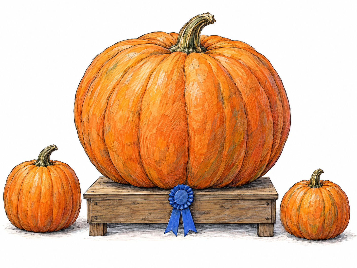 An extraordinary prize pumpkin dwarfs two ordinary pumpkins beside it, with a first-prize rosette attached to its display platform.