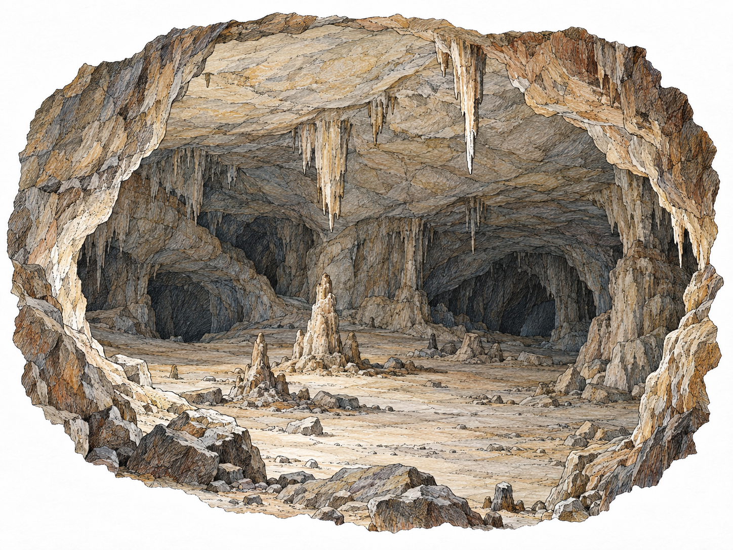 A spacious natural underground chamber seen through a rocky opening, with a soaring vaulted ceiling, stalactites, stalagmites, and a broad floor receding into the cave.