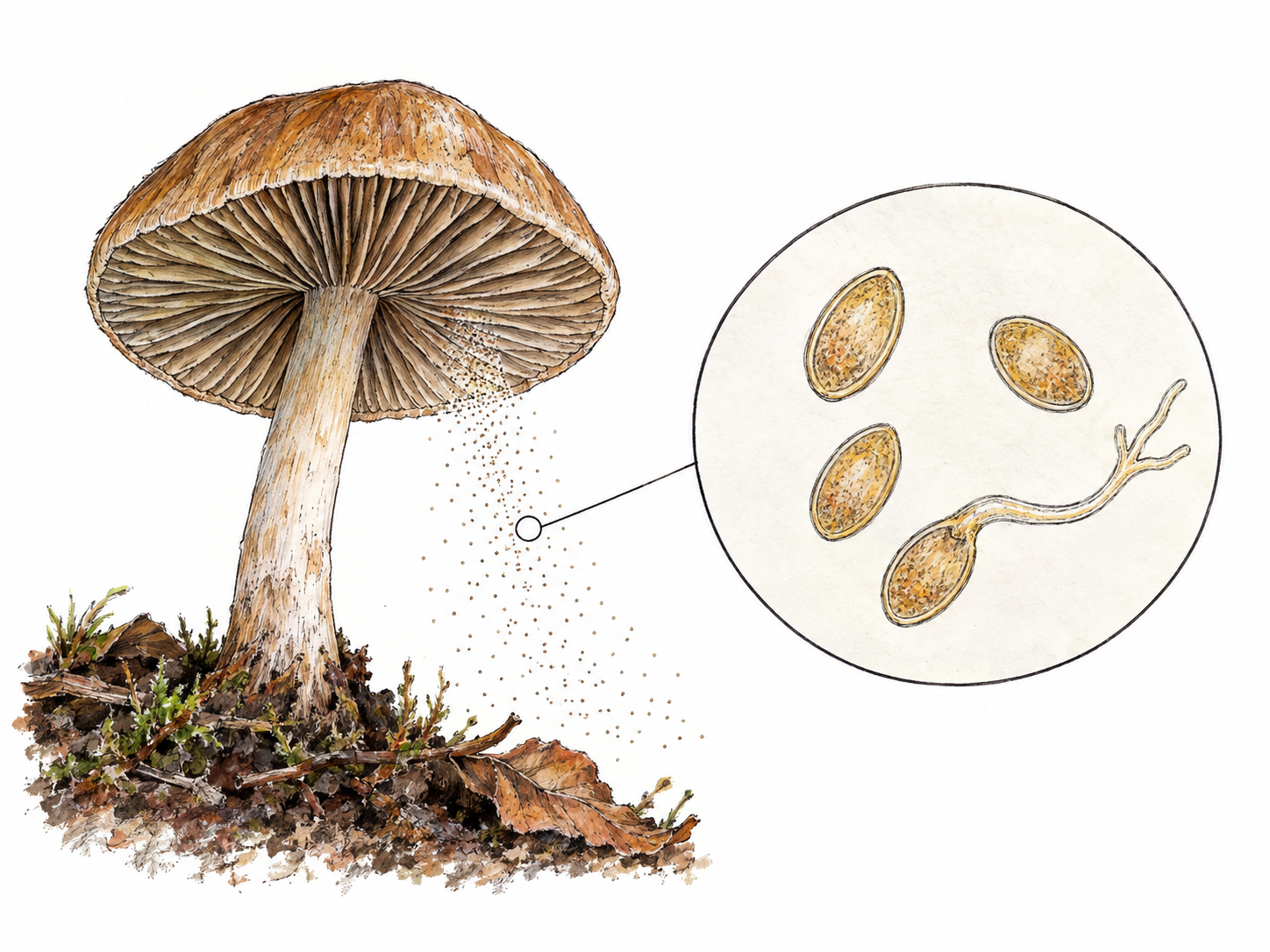 A gilled mushroom releases fine spores from its underside; one restrained magnified inset reveals individual spores, including one germinating into a fine fungal filament.