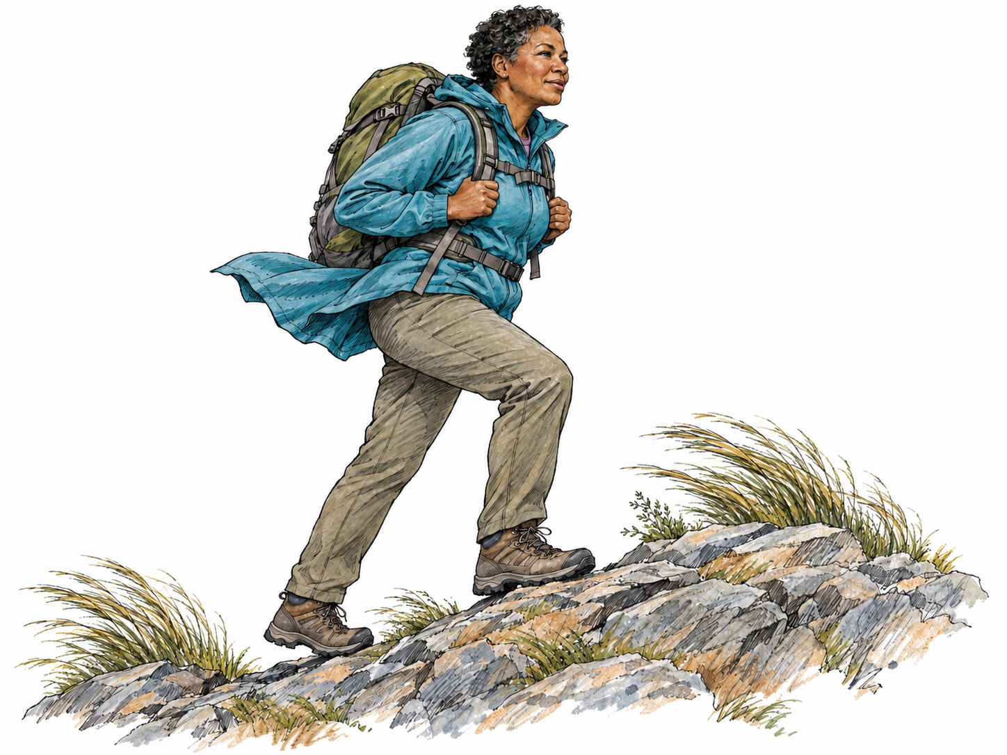 A healthy, sturdy middle-aged woman hikes steadily uphill into strong wind with a loaded backpack, maintaining a balanced upright posture while nearby grasses bend sharply.