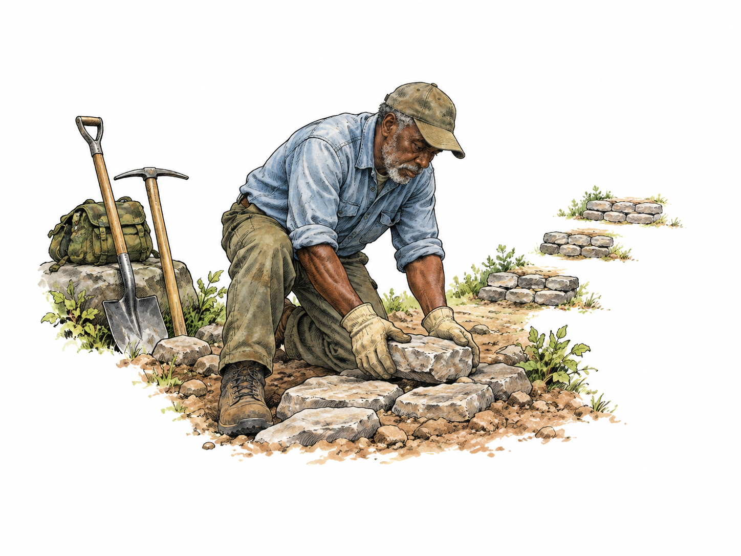 Determined trail worker keeps repairing path while others' empty tools rest nearby; repeated effort represented by three successive small piles of completed stones, no extra people.