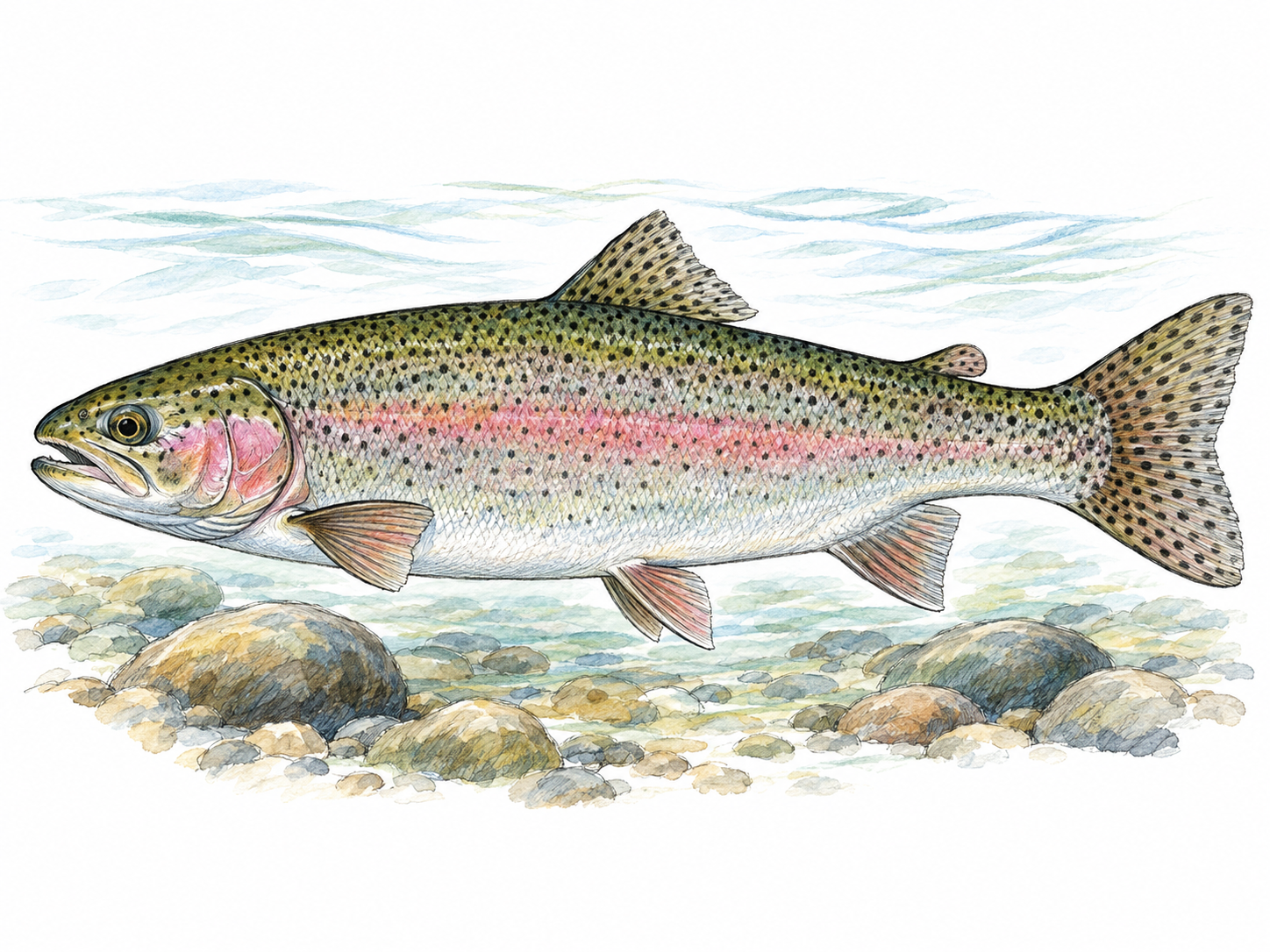 A single rainbow trout in clear, shallow stream water, shown in side profile with its characteristic pink lateral band, dark spotting, and small adipose fin clearly visible.