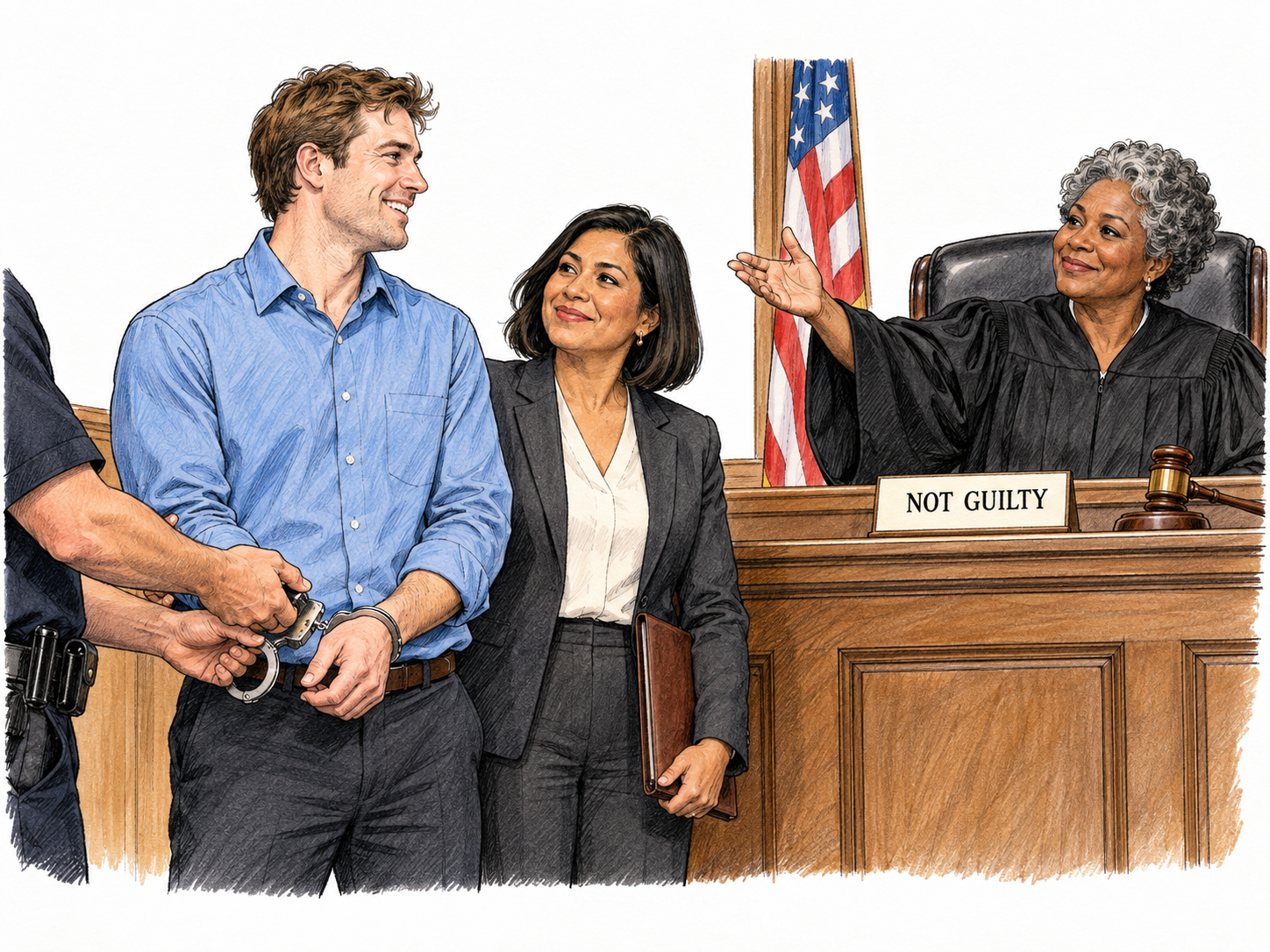 Judge formally dismisses case with open releasing gesture; defendant's wrist restraints are removed by cropped court officer hands and he stands relieved beside attorney.