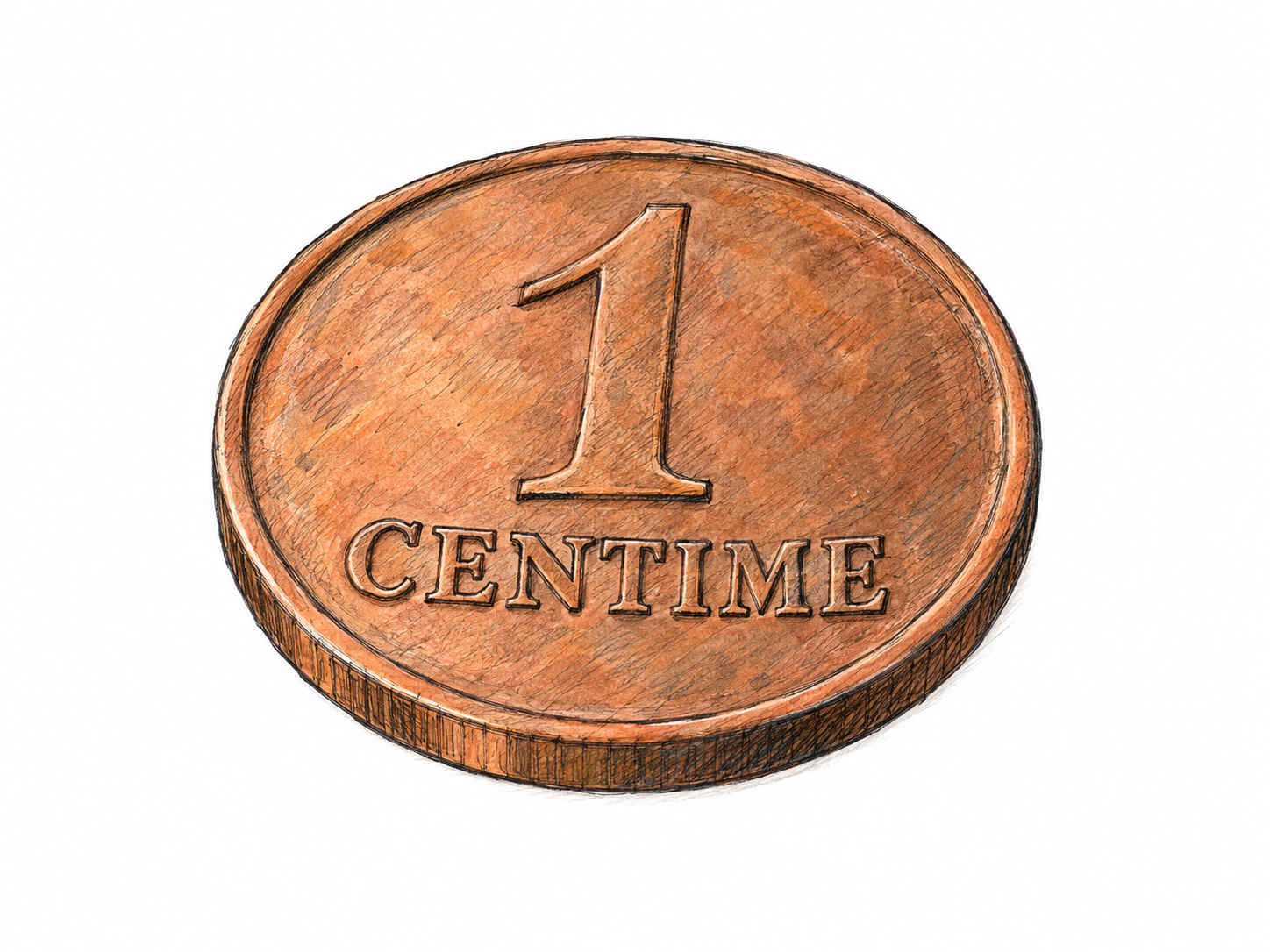A single small centime coin shown face-up, with a slightly tilted view revealing its thin metal edge.