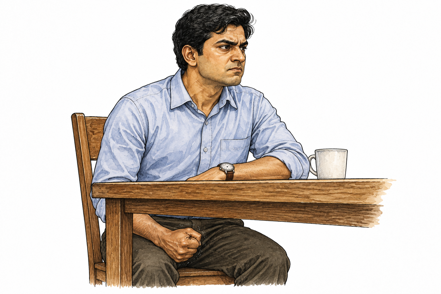 A South Asian adult quietly clenches jaw and fist under a table, controlled face with visible simmering anger, no violence.