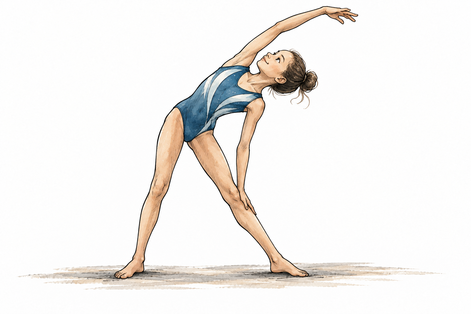 Lean gymnast bends gracefully in a side stretch, feet firmly placed and natural limb joints, no text.