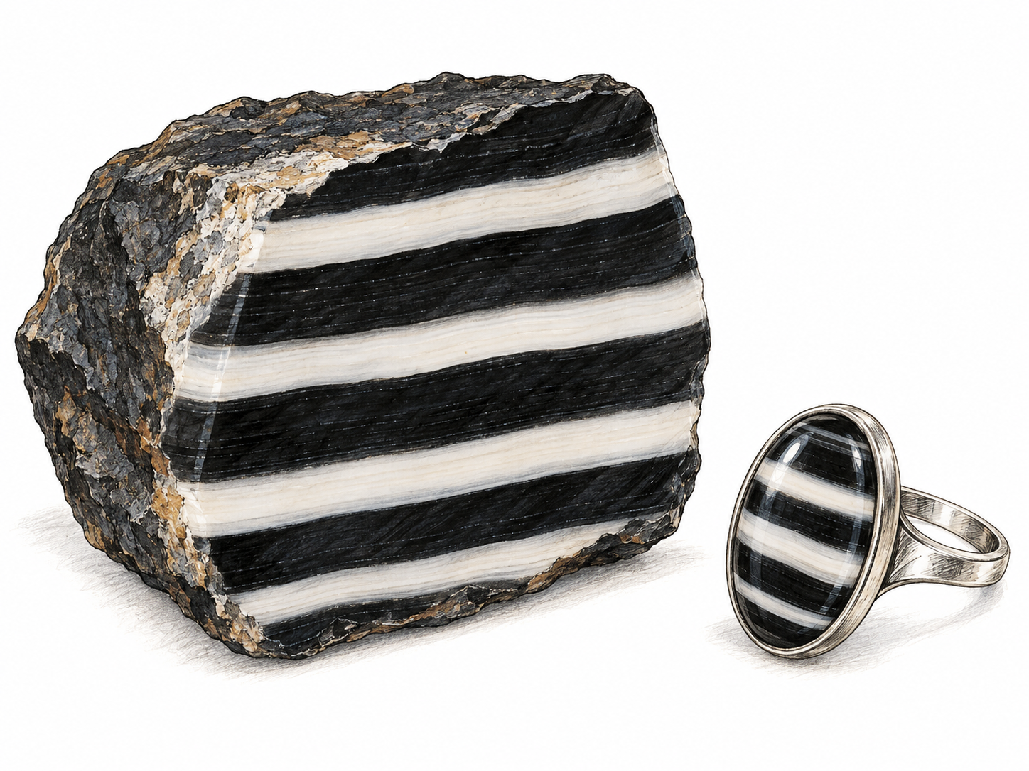 A cut onyx specimen with crisp, parallel black-and-white bands, beside a polished cabochon of the same banded stone mounted in a simple ring.