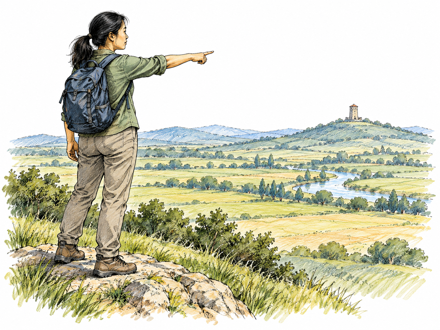 An adult on a small foreground rise points to a tiny distant tower across open land, making viewing from afar legible.