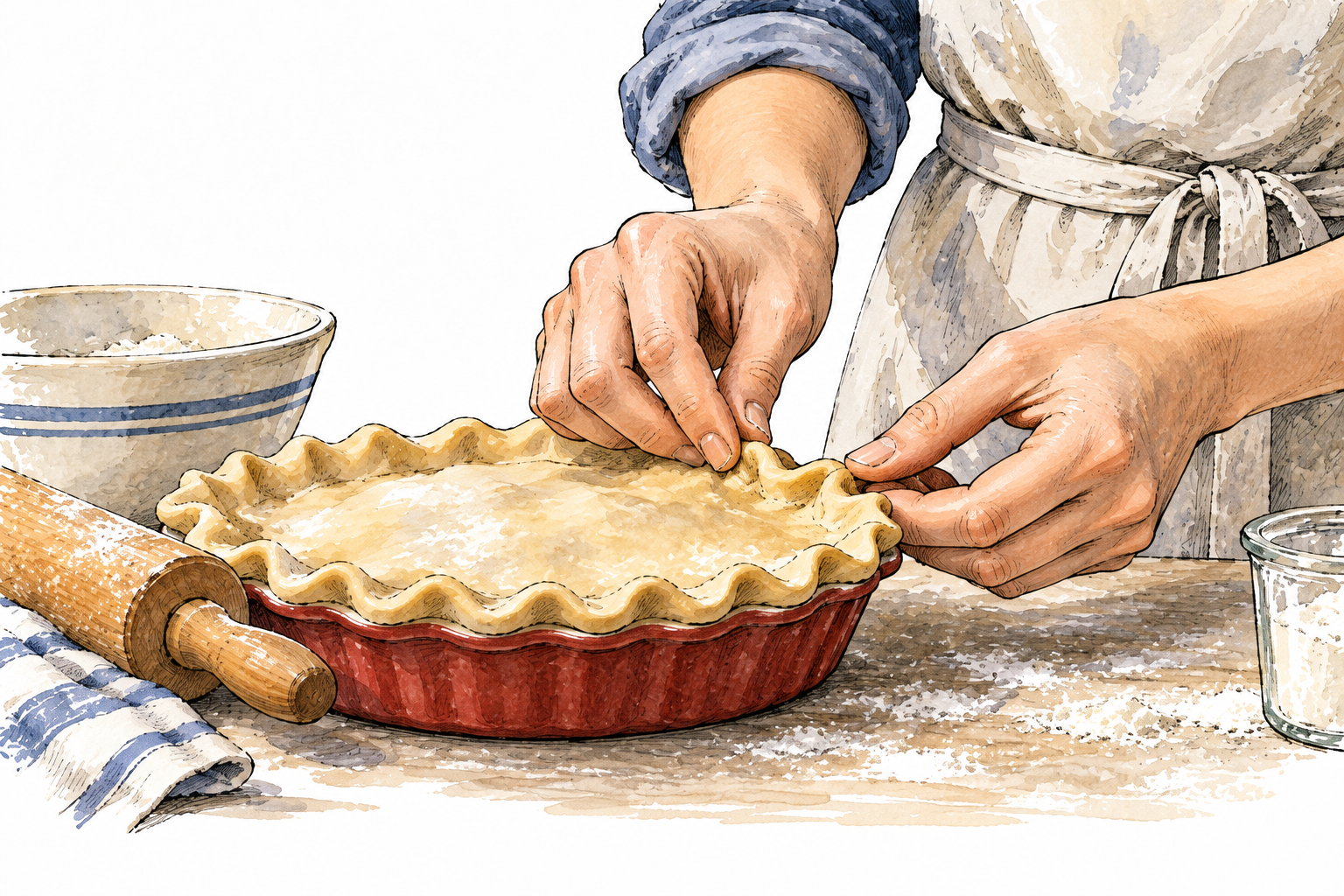 Baker pinches the edge of pie dough into small regular ridges, hands and pastry focus, no text.