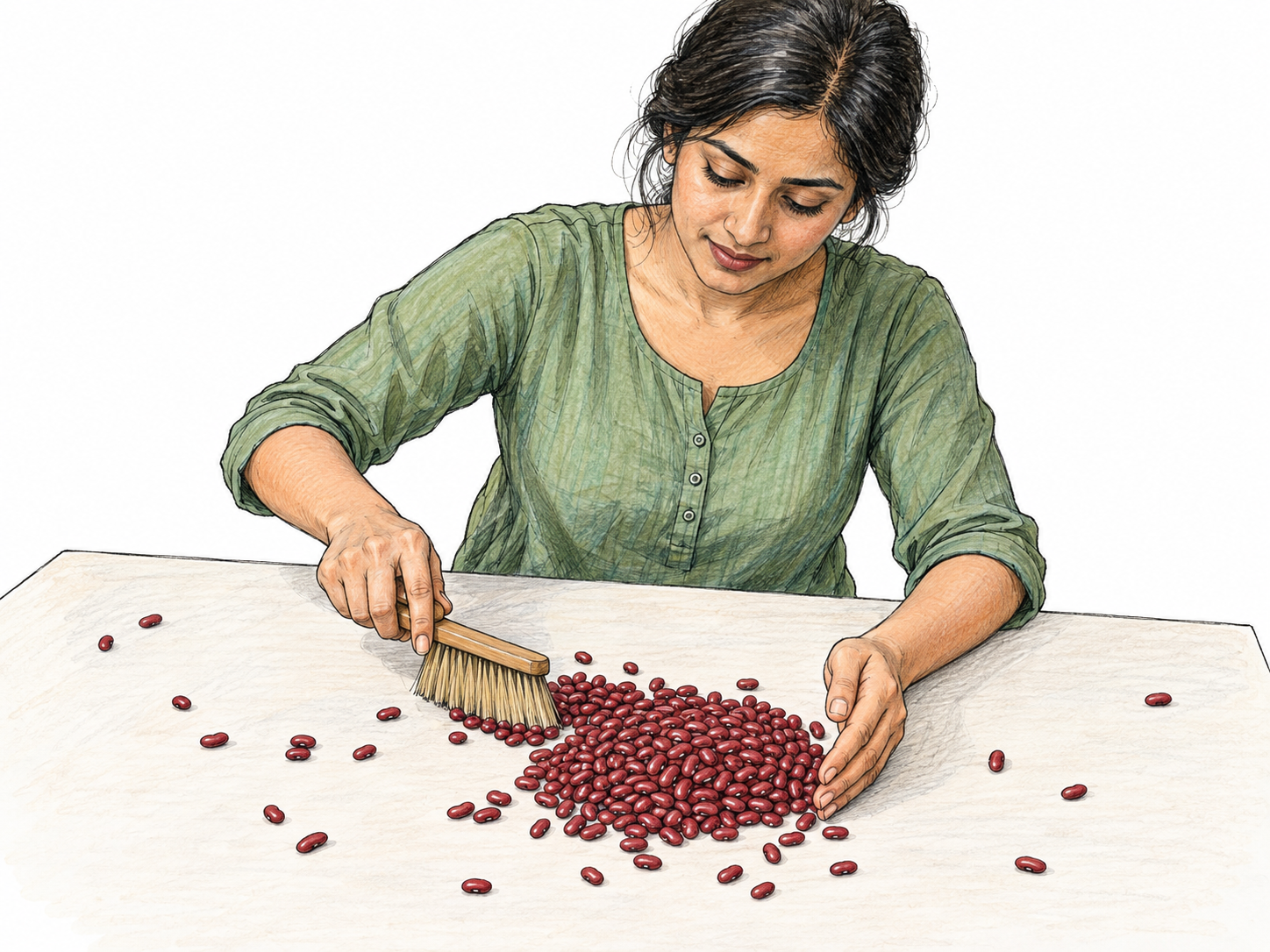 A woman uses a small hand brush to gather widely scattered dry beans into one compact central pile, visibly concentrating them into a smaller area.