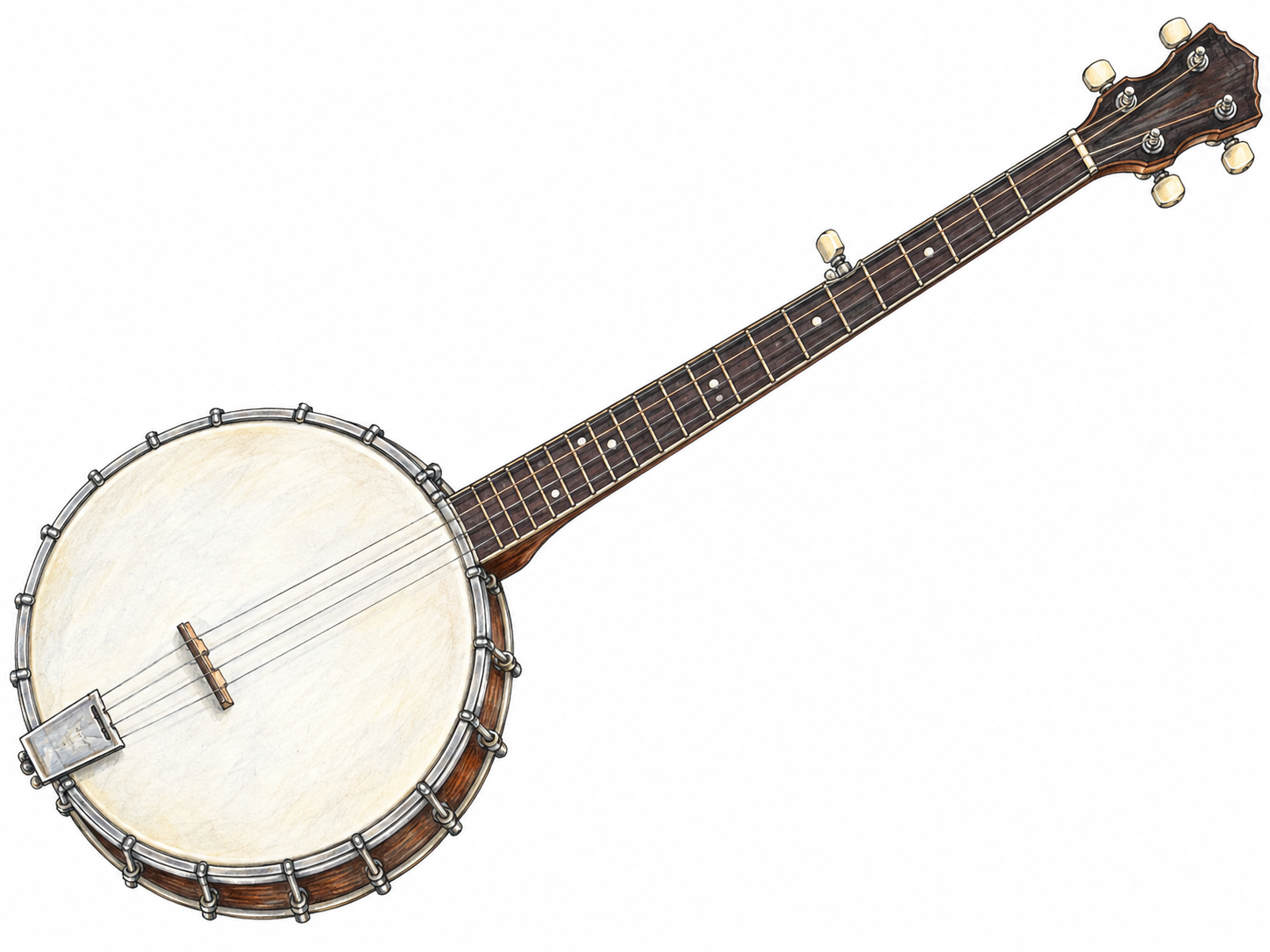 A single five-string banjo shown in full, with its round drumhead body and long fretted neck immediately recognizable.