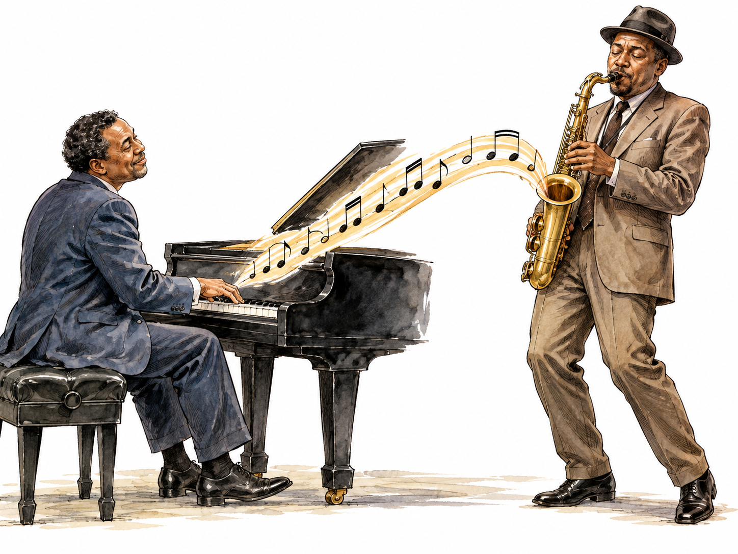 Jazz pianist smoothly hands melody to saxophonist through continuous musical phrase.